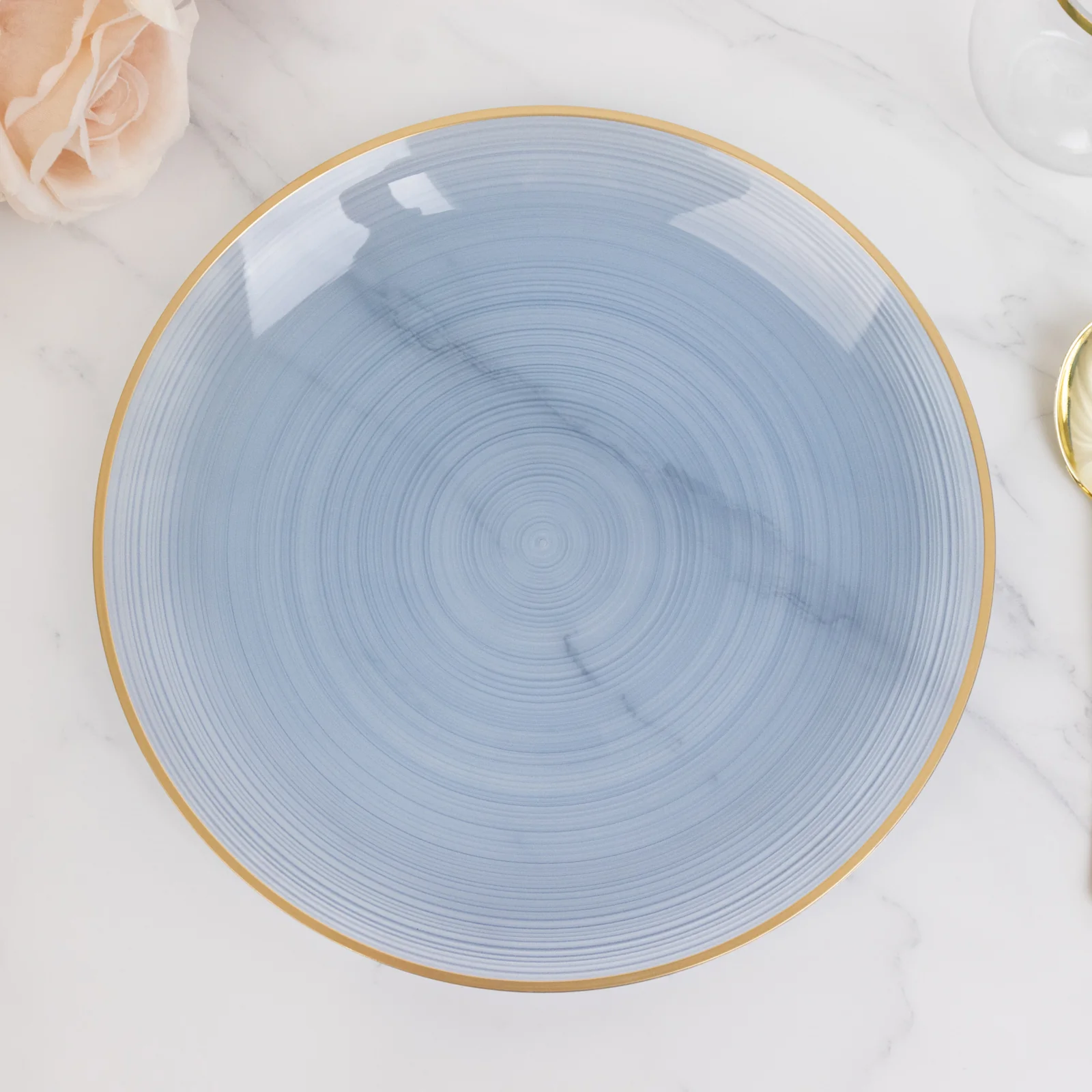 20-Pack Plastic Dinner Plates 10" Round Transparent Dusty Blue Swirl with Gold Rim – Crystal-Like Elegant Party Plates