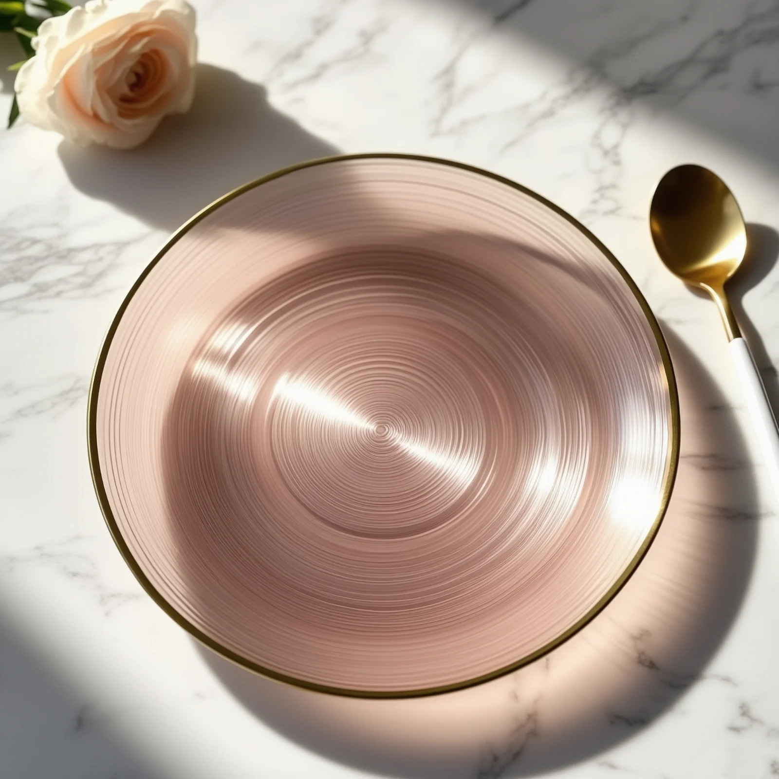 20-Pack Plastic Dinner Plates 10" Round Transparent Dusty Rose Swirl with Gold Rim – Crystal-Like Elegant Party Plates