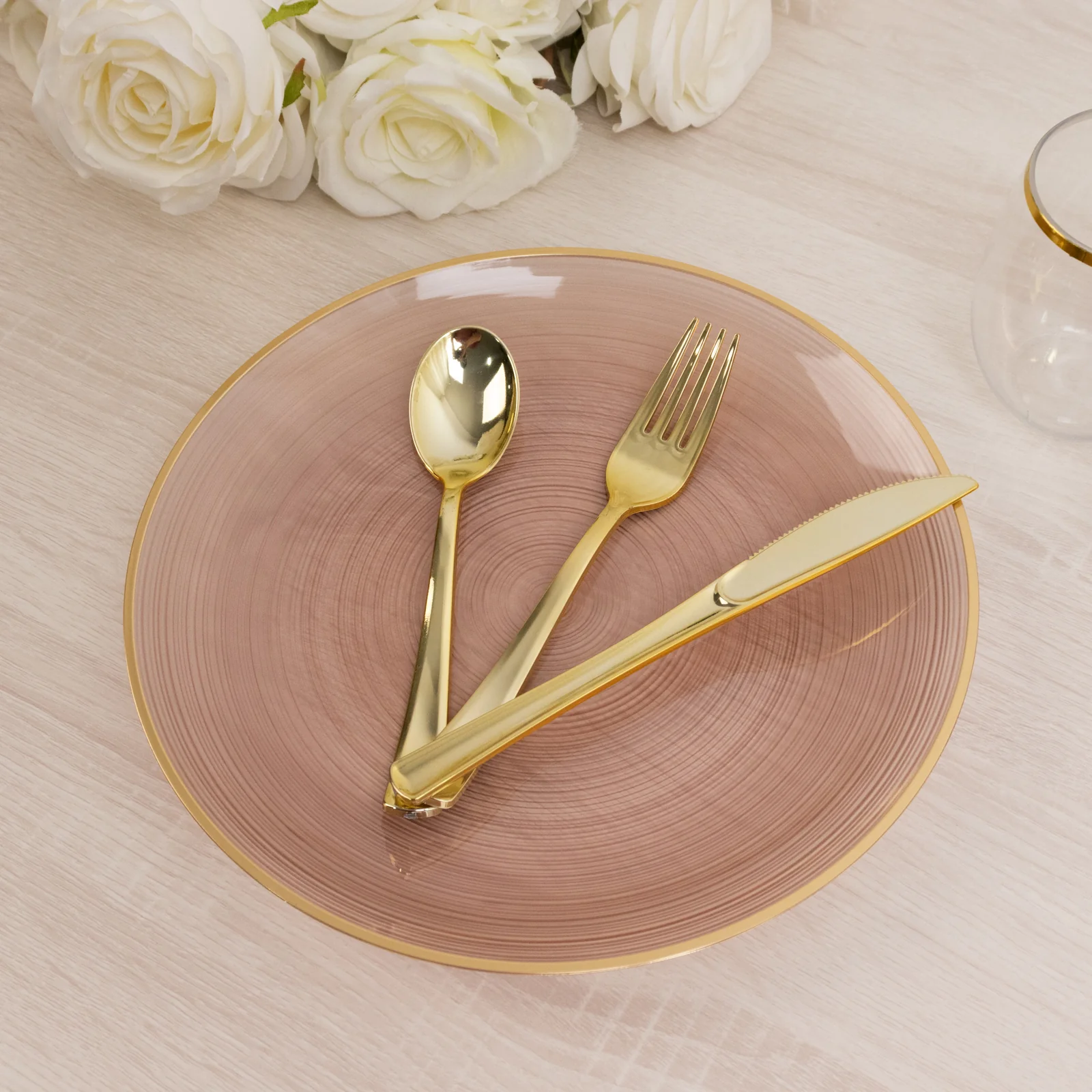 20-Pack Plastic Dinner Plates 10" Round Transparent Dusty Rose Swirl with Gold Rim – Crystal-Like Elegant Party Plates - Image 7