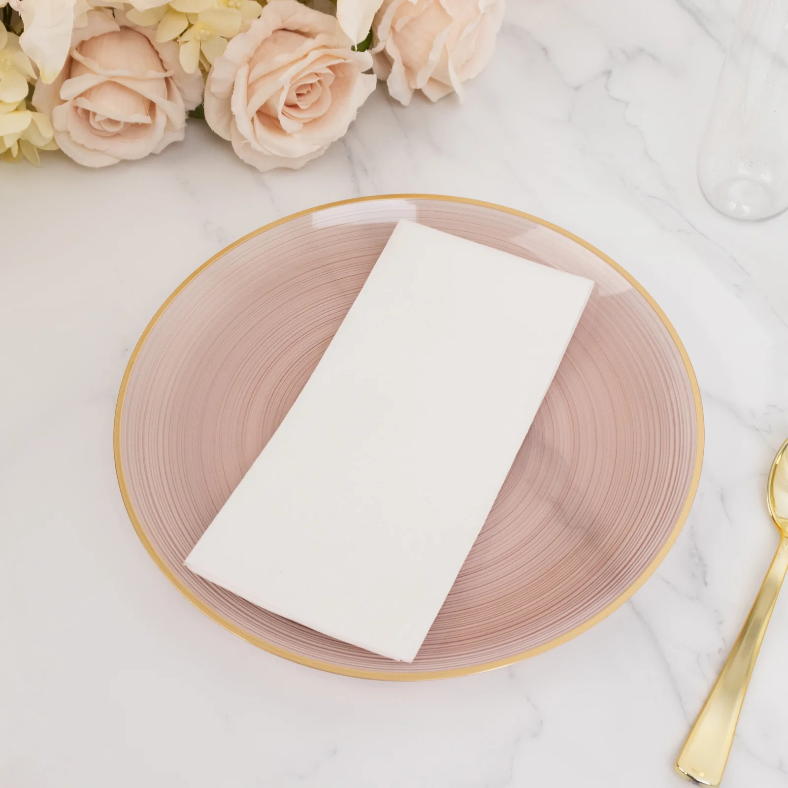 20-Pack Plastic Dinner Plates 10" Round Transparent Dusty Rose Swirl with Gold Rim – Crystal-Like Elegant Party Plates - Image 8