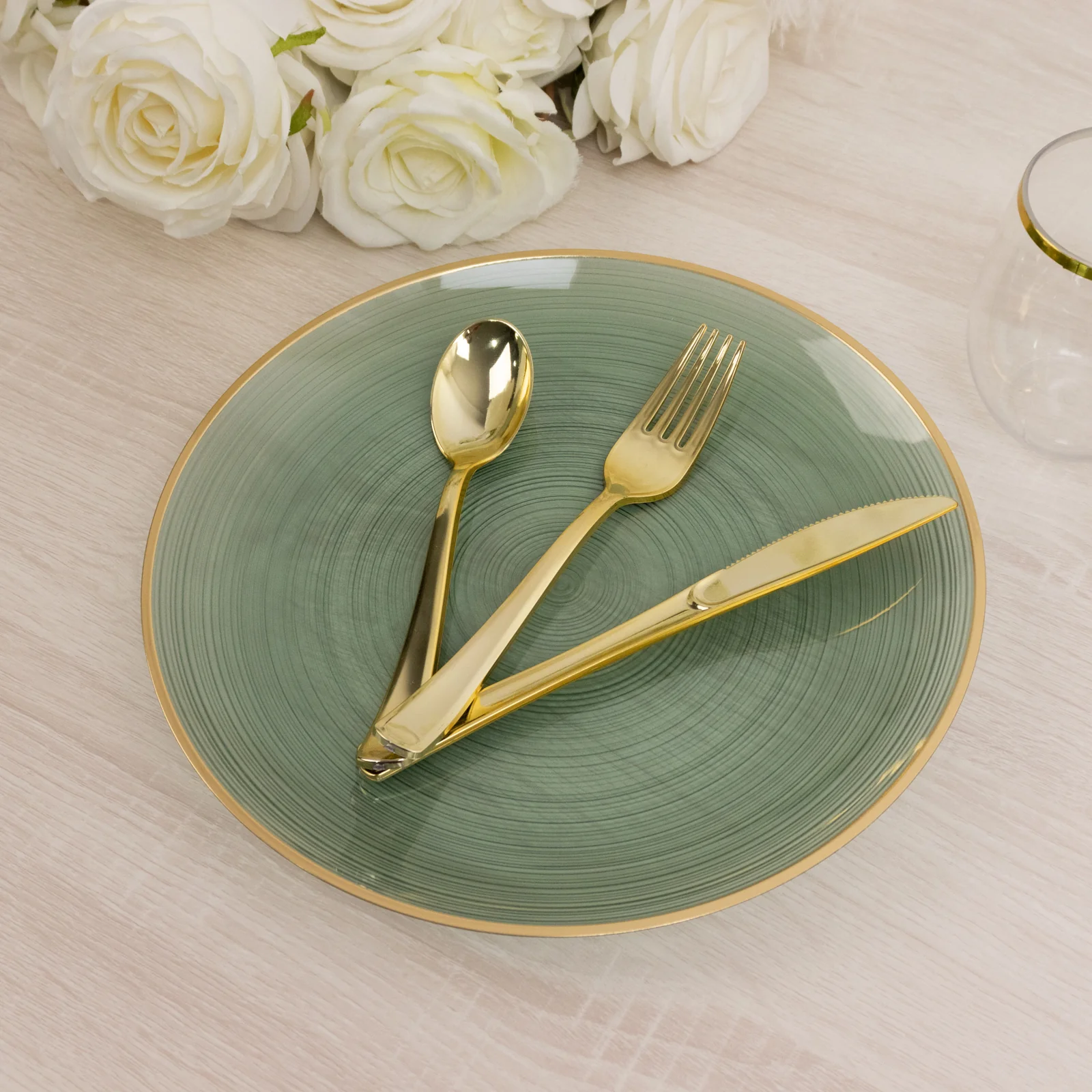 20-Pack Plastic Dinner Plates 10" Round Transparent Dusty Sage Green Swirl with Gold Rim – Crystal-Like Elegant Party Plates - Image 7