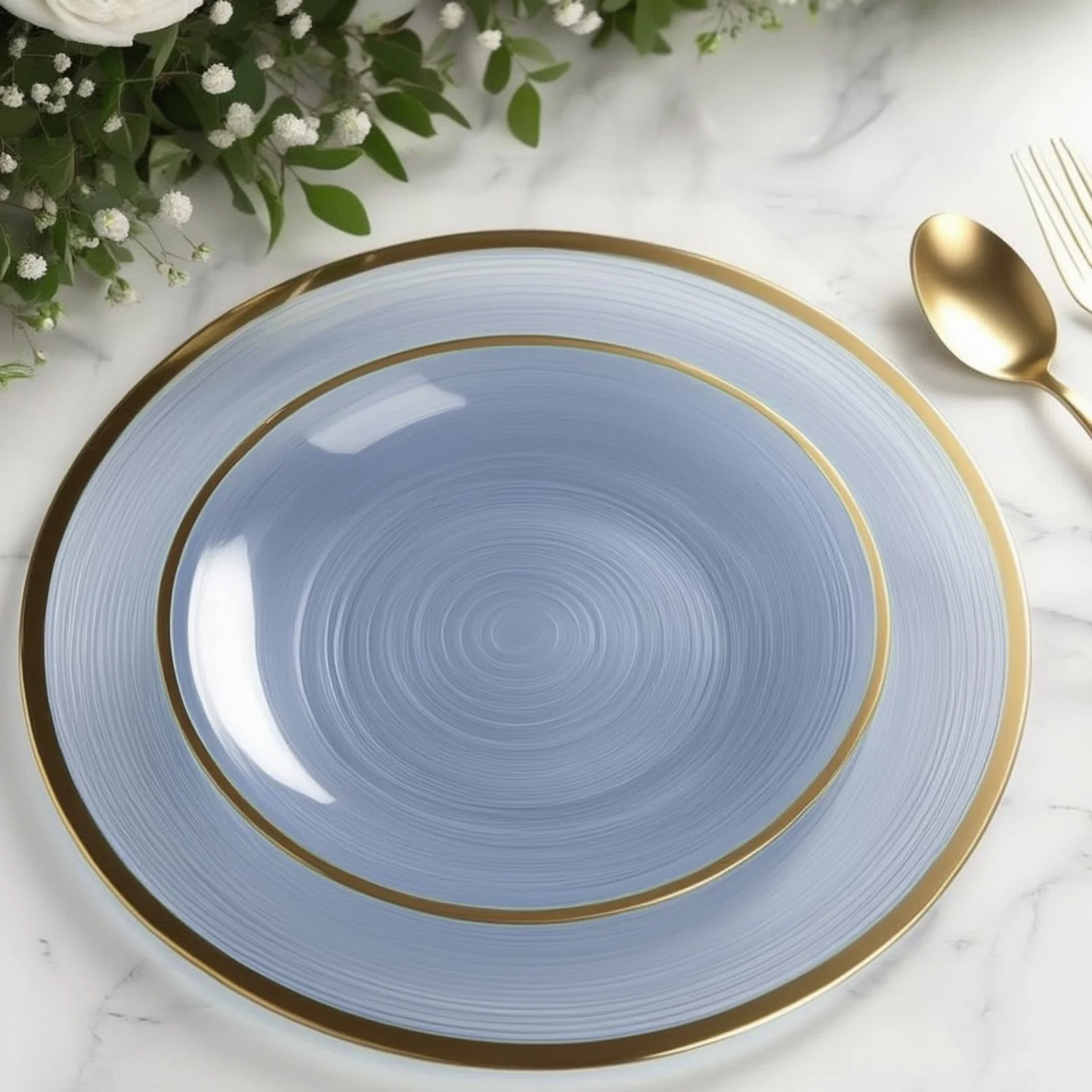 20-Pack Plastic Salad Dessert Plates 7" Round Transparent Dusty Blue Swirl with Gold Rim – Crystal-Like Elegant Party Plates
