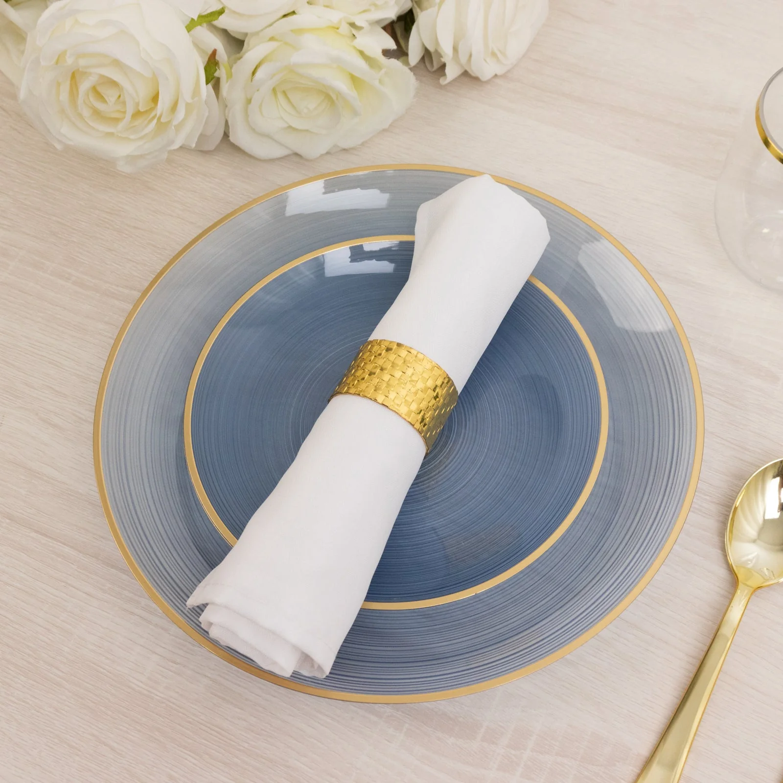 20-Pack Plastic Salad Dessert Plates 7" Round Transparent Dusty Blue Swirl with Gold Rim – Crystal-Like Elegant Party Plates - Image 7