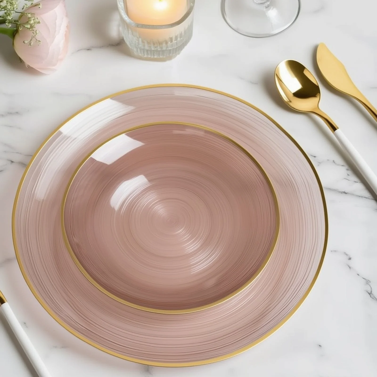 20-Pack Plastic Salad Dessert Plates 7" Round Transparent Dusty Rose Swirl with Gold Rim – Crystal-Like Elegant Party Plates