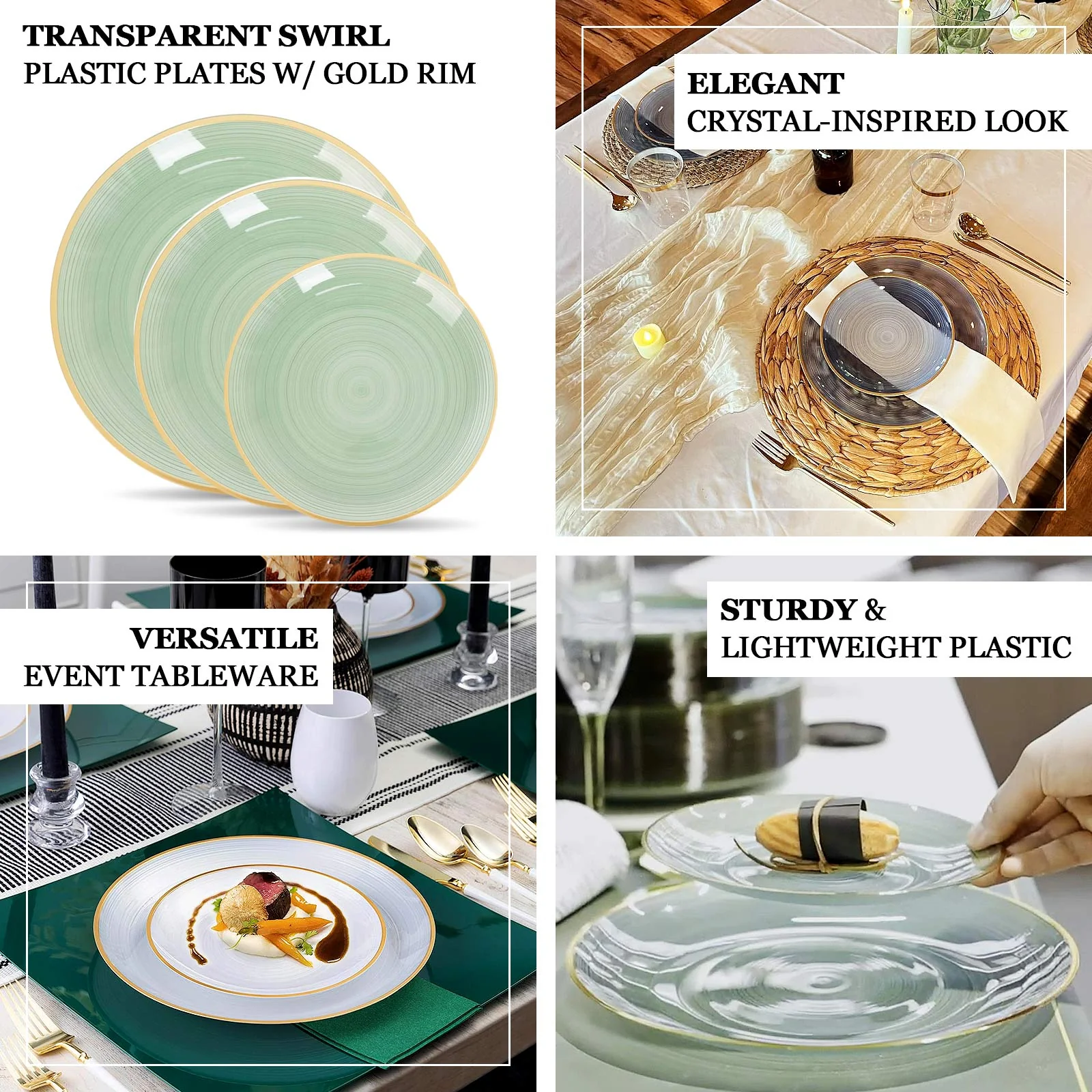 20-Pack Plastic Salad Dessert Plates 7" Round Transparent Pearl White Swirl with Gold Rim – Crystal-Like Elegant Party Plates - Image 3