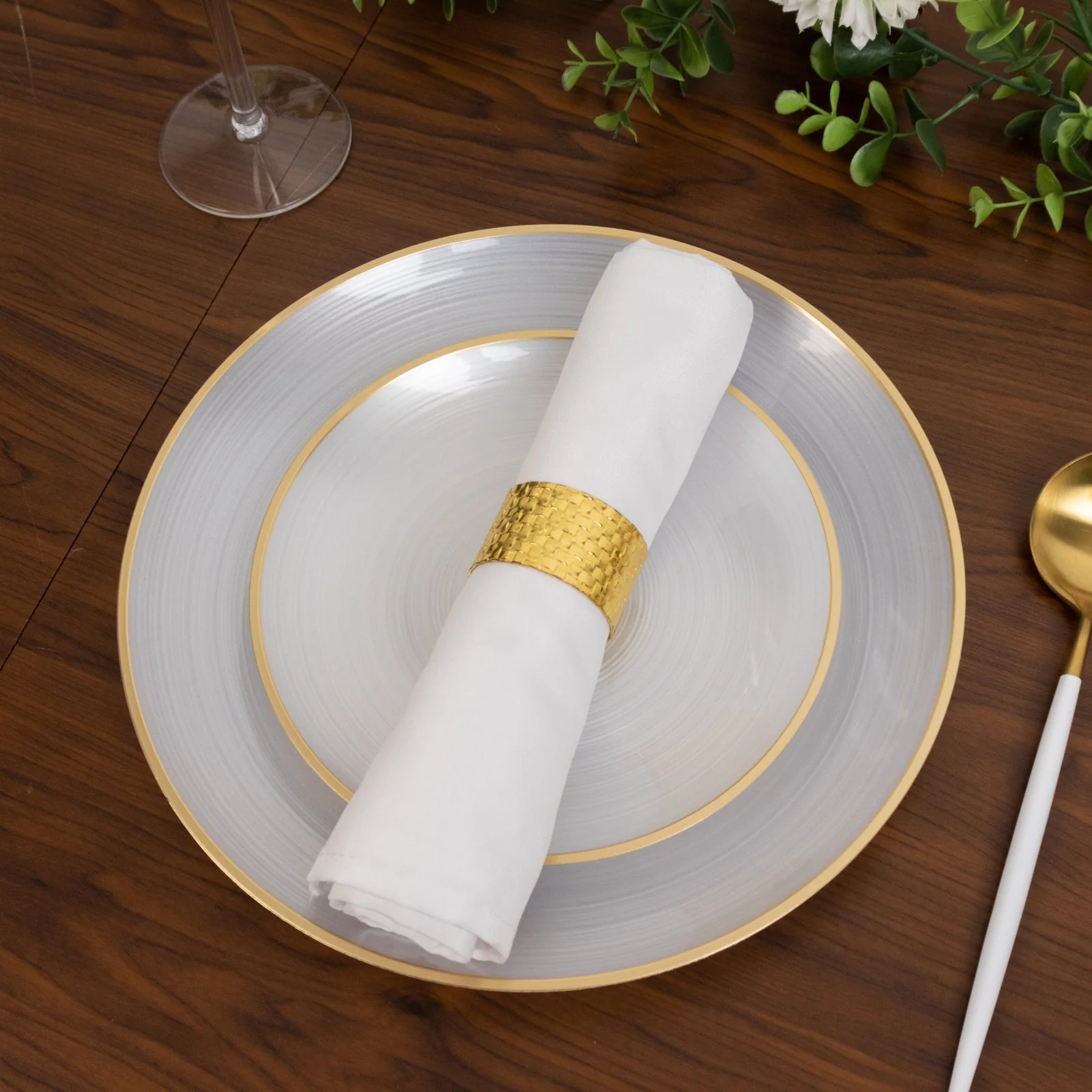 20-Pack Plastic Salad Dessert Plates 7" Round Transparent Pearl White Swirl with Gold Rim – Crystal-Like Elegant Party Plates - Image 7