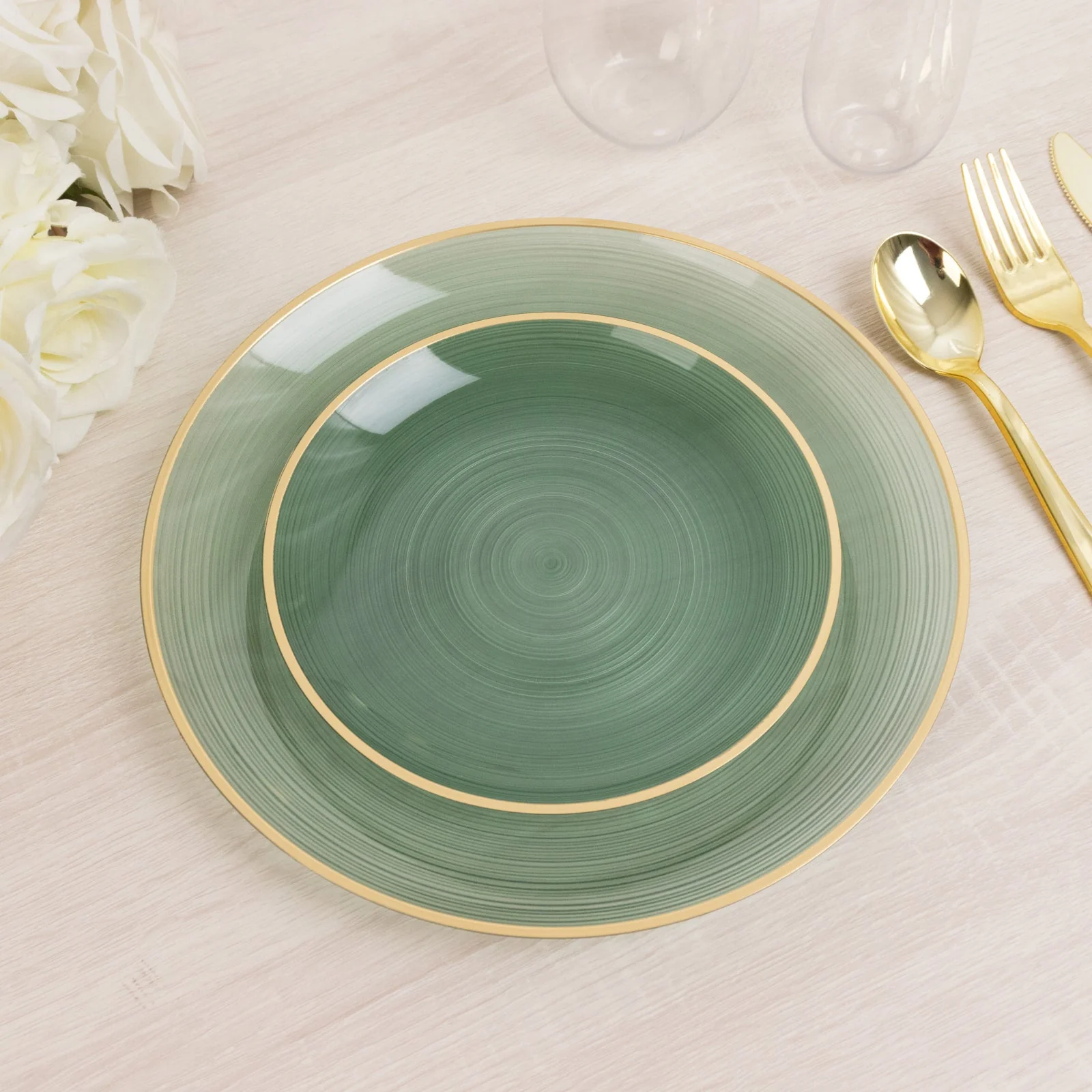 20-Pack Plastic Salad Dessert Plates 7" Round Transparent Dusty Sage Green Swirl with Gold Rim – Crystal-Like Elegant Party Plates - Image 6
