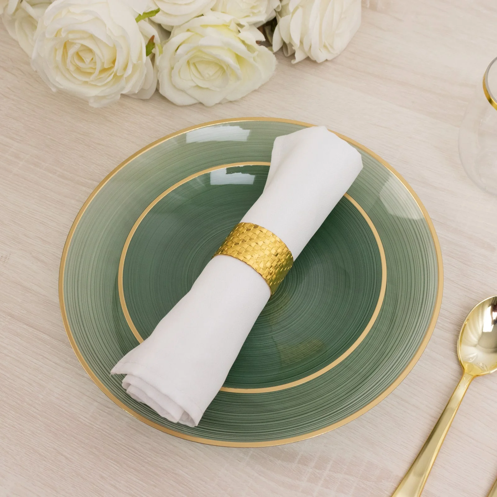 20-Pack Plastic Salad Dessert Plates 7" Round Transparent Dusty Sage Green Swirl with Gold Rim – Crystal-Like Elegant Party Plates - Image 7