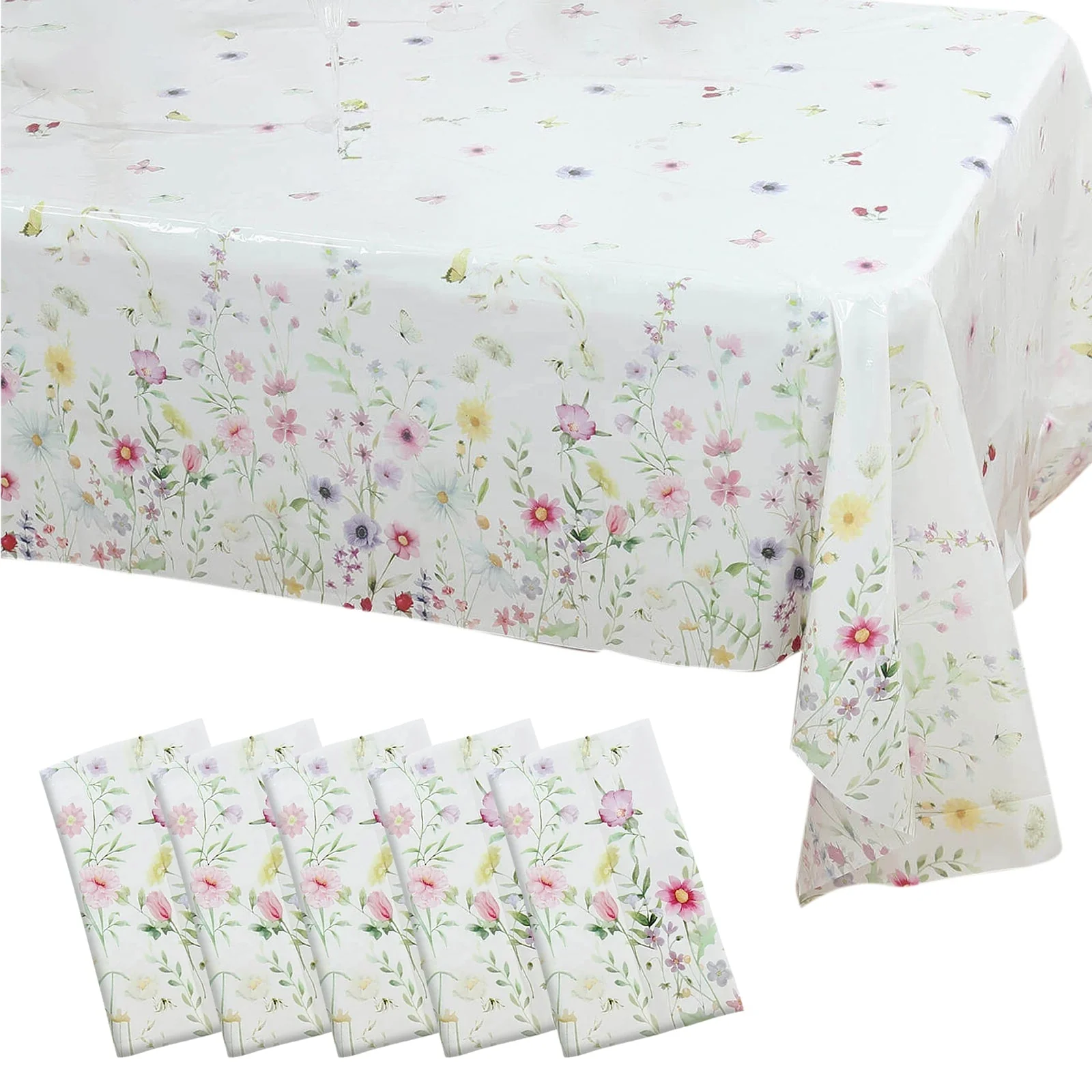 5-Pack Plastic Tablecloths 54"x108" White/Green Spring Floral Rectangle with Wild Flowers Butterfly Print - PVC Waterproof Disposable Covers - Image 3