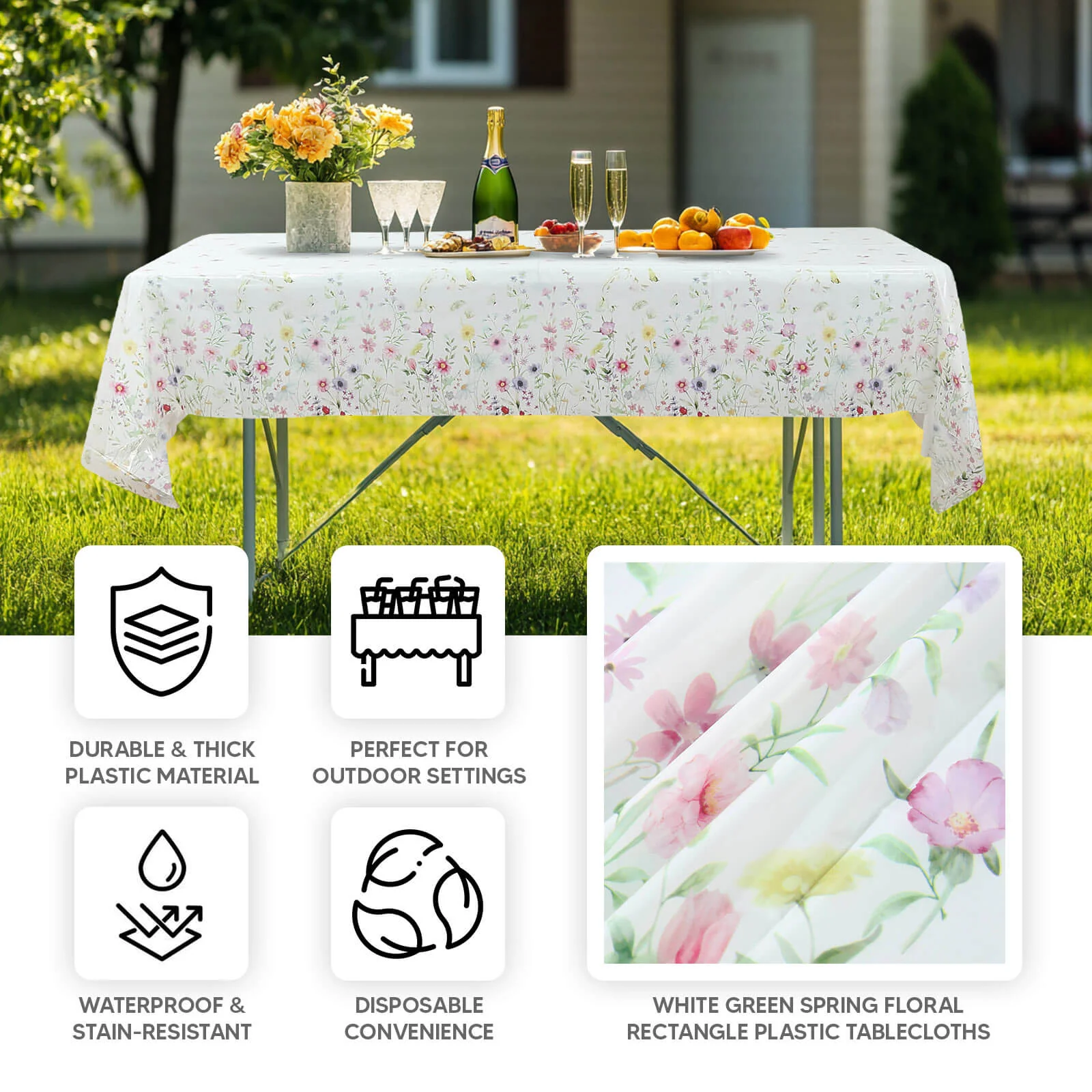5-Pack Plastic Tablecloths 54"x108" White/Green Spring Floral Rectangle with Wild Flowers Butterfly Print - PVC Waterproof Disposable Covers - Image 4