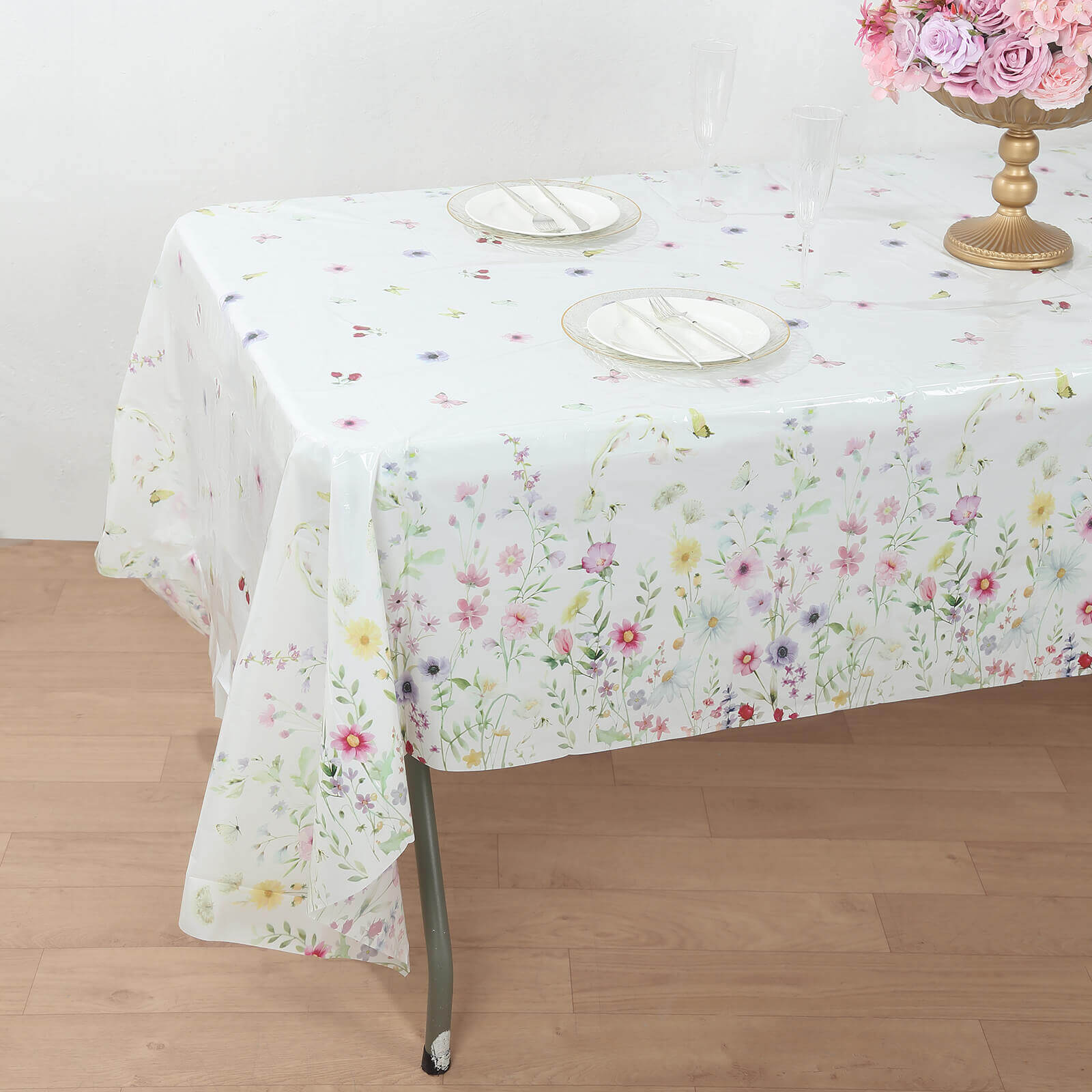 5-Pack Plastic Tablecloths 54"x108" White/Green Spring Floral Rectangle with Wild Flowers Butterfly Print - PVC Waterproof Disposable Covers - Image 6