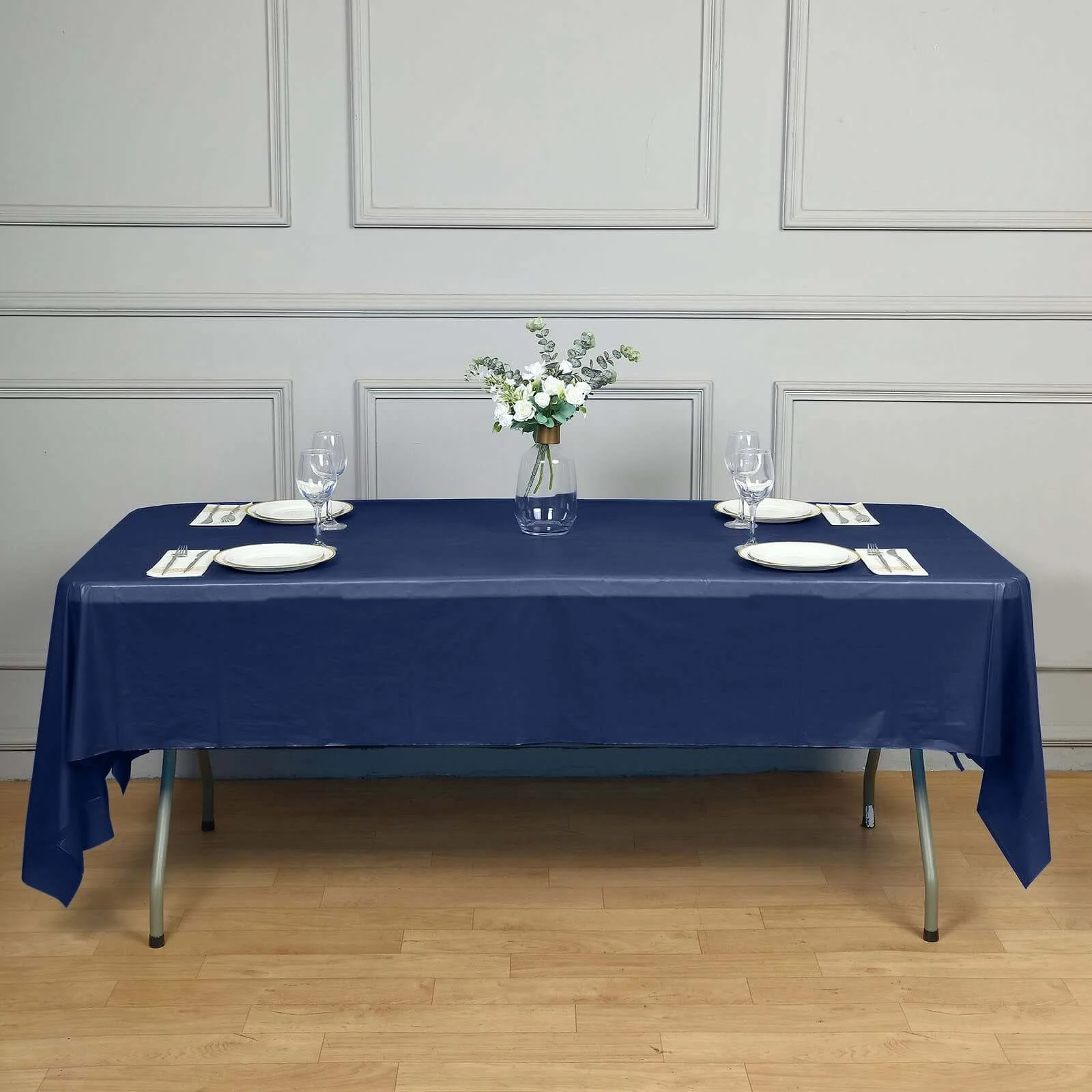 5-Pack Plastic Table Covers 54"x108" Navy Blue Rectangle - PVC Waterproof Disposable Tablecloths - Image 2