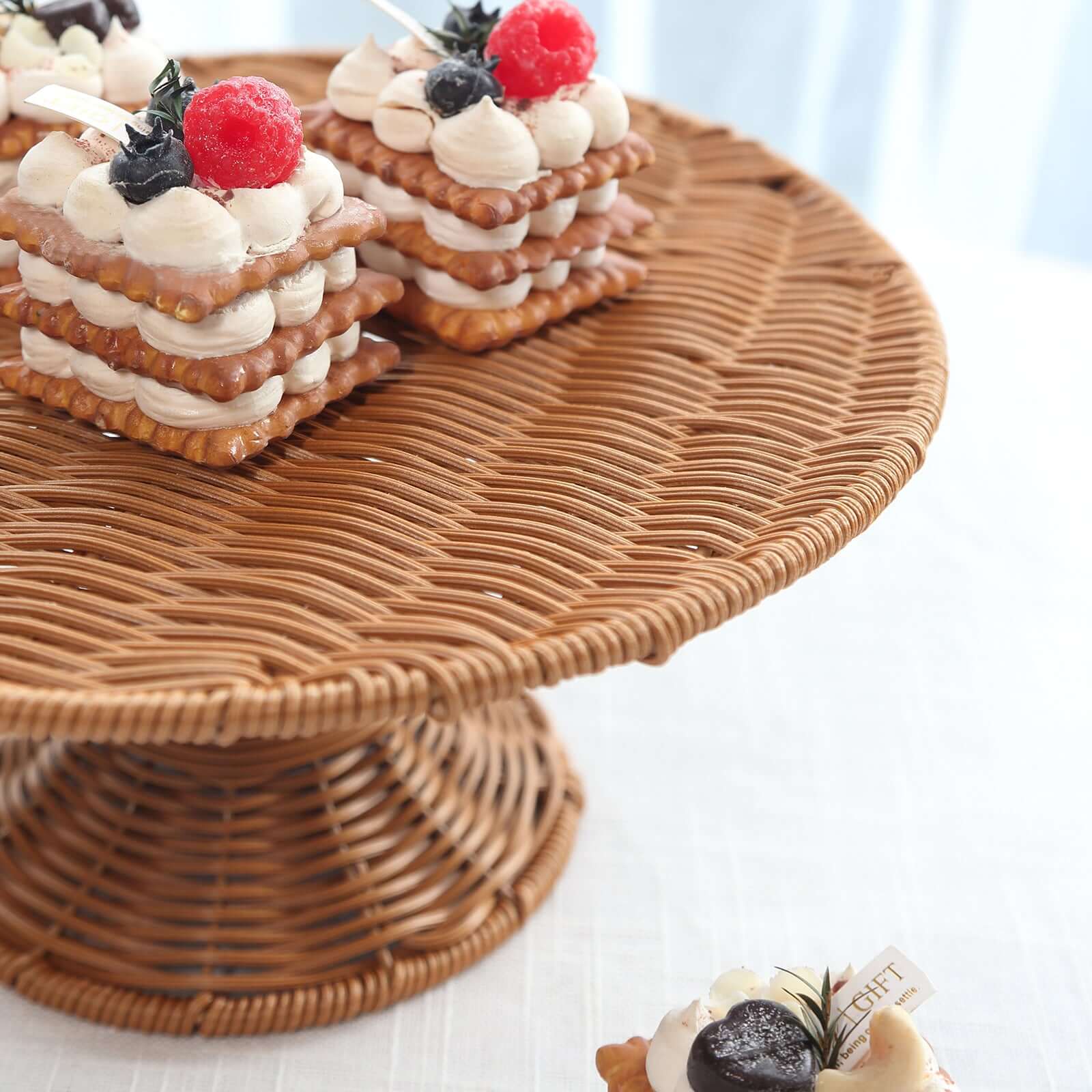 Plastic Round Rattan Wicker Pedestal Cake Stand 12" Natural - Lightweight Rustic Cupcake Holder Dessert Table Display Centerpiece for Country Weddings Outdoor Parties & Farmhouse Decor - Image 2