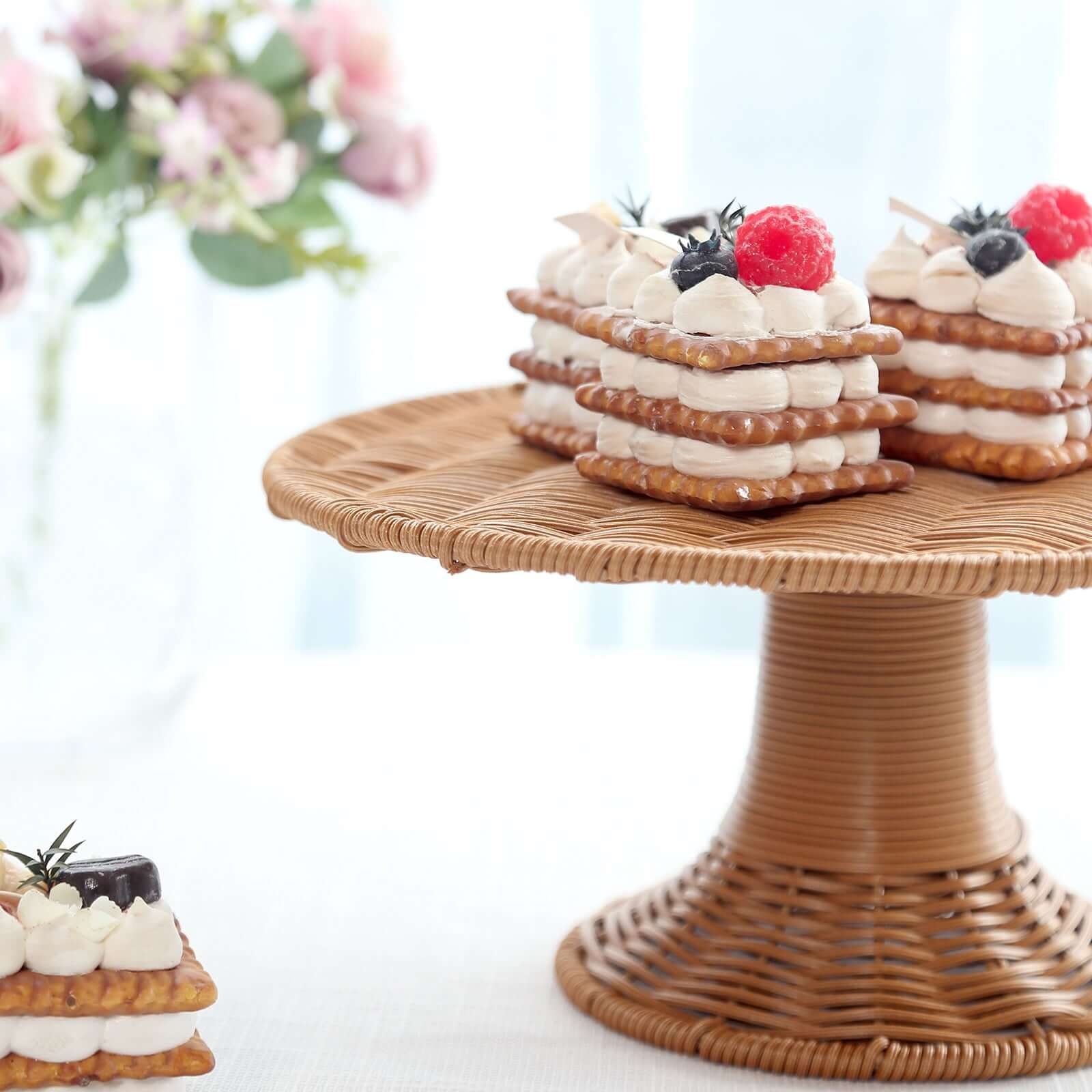Plastic Round Rattan Wicker Pedestal Cake Stand 12" Natural - Lightweight Rustic Cupcake Holder Dessert Table Display Centerpiece for Country Weddings Outdoor Parties & Farmhouse Decor - Image 6