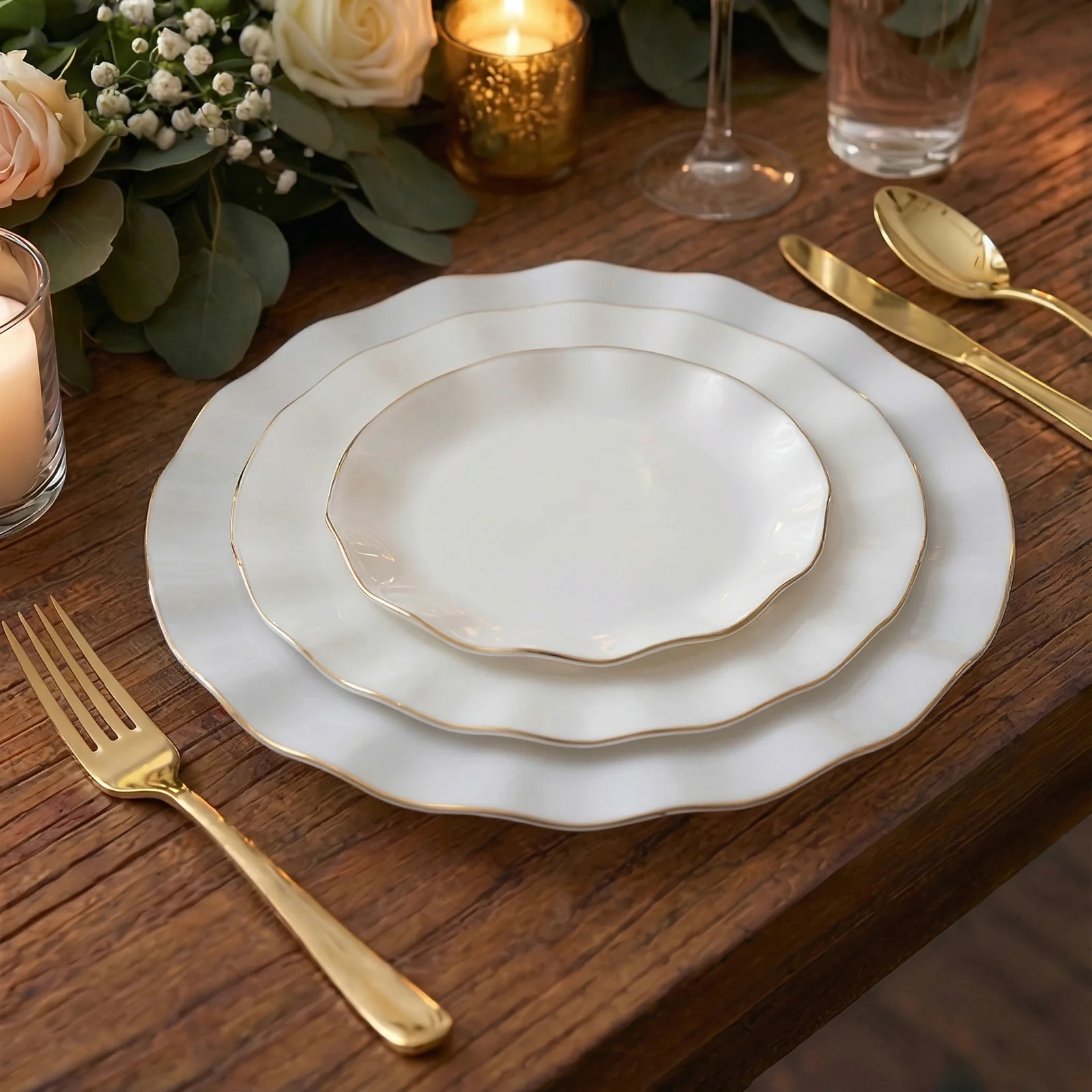 10-Pack Plastic Round Dessert Plates 6" Pearl White Ruffled Rim with Gold Edging - Heavy Duty Disposable Salad Appetizer Dinnerware - Image 6