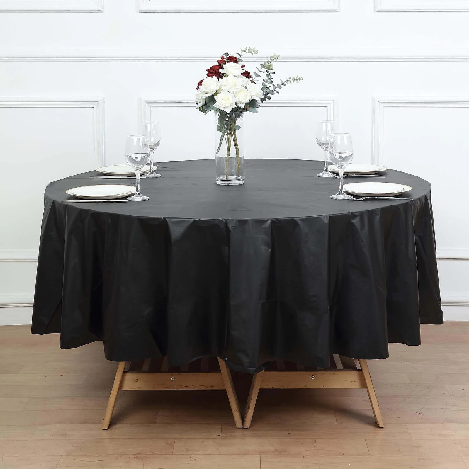 5-Pack Plastic Table Covers 84" Black Round - PVC Waterproof Disposable Covers - Image 2