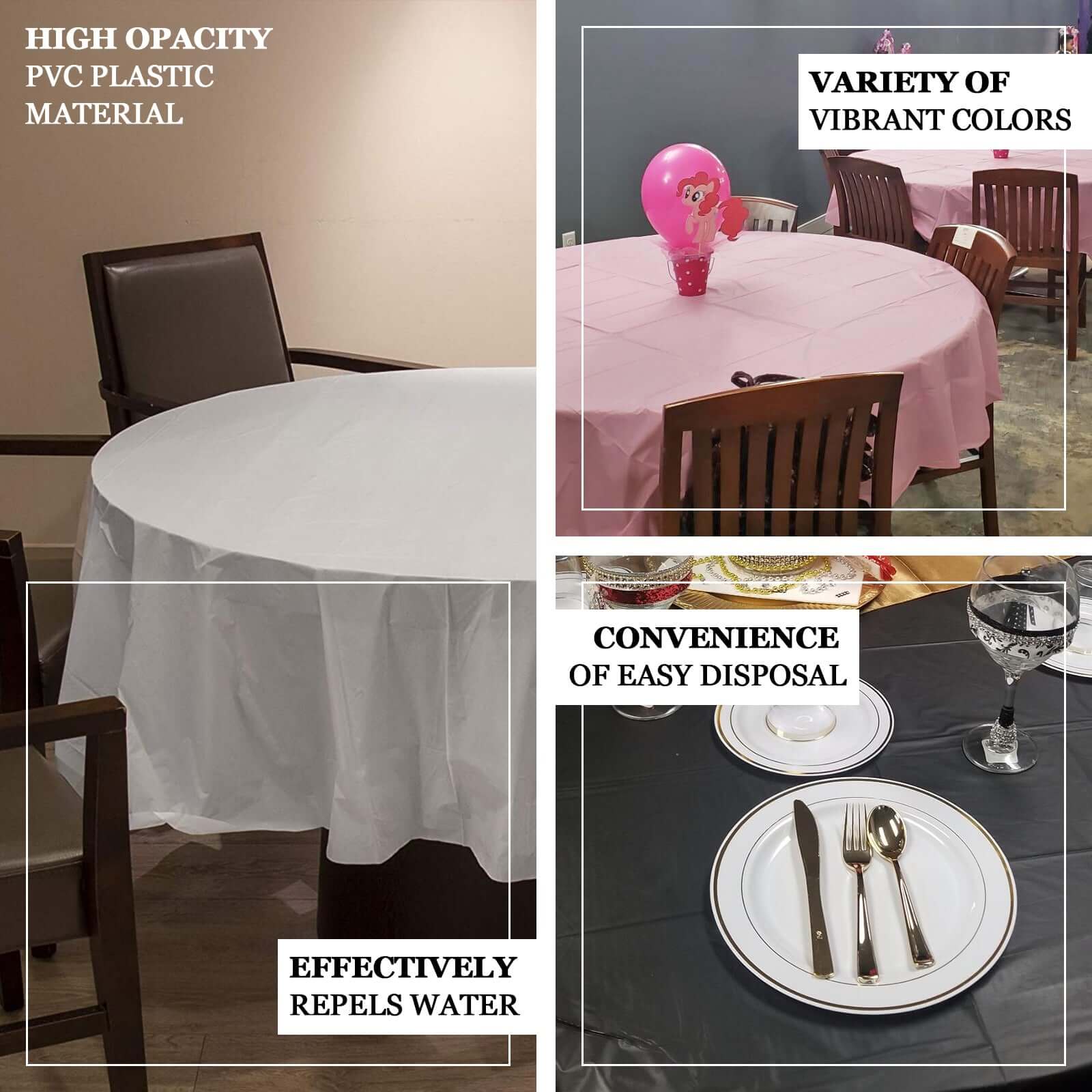 5-Pack Plastic Table Covers 84" Black Round - PVC Waterproof Disposable Covers - Image 4