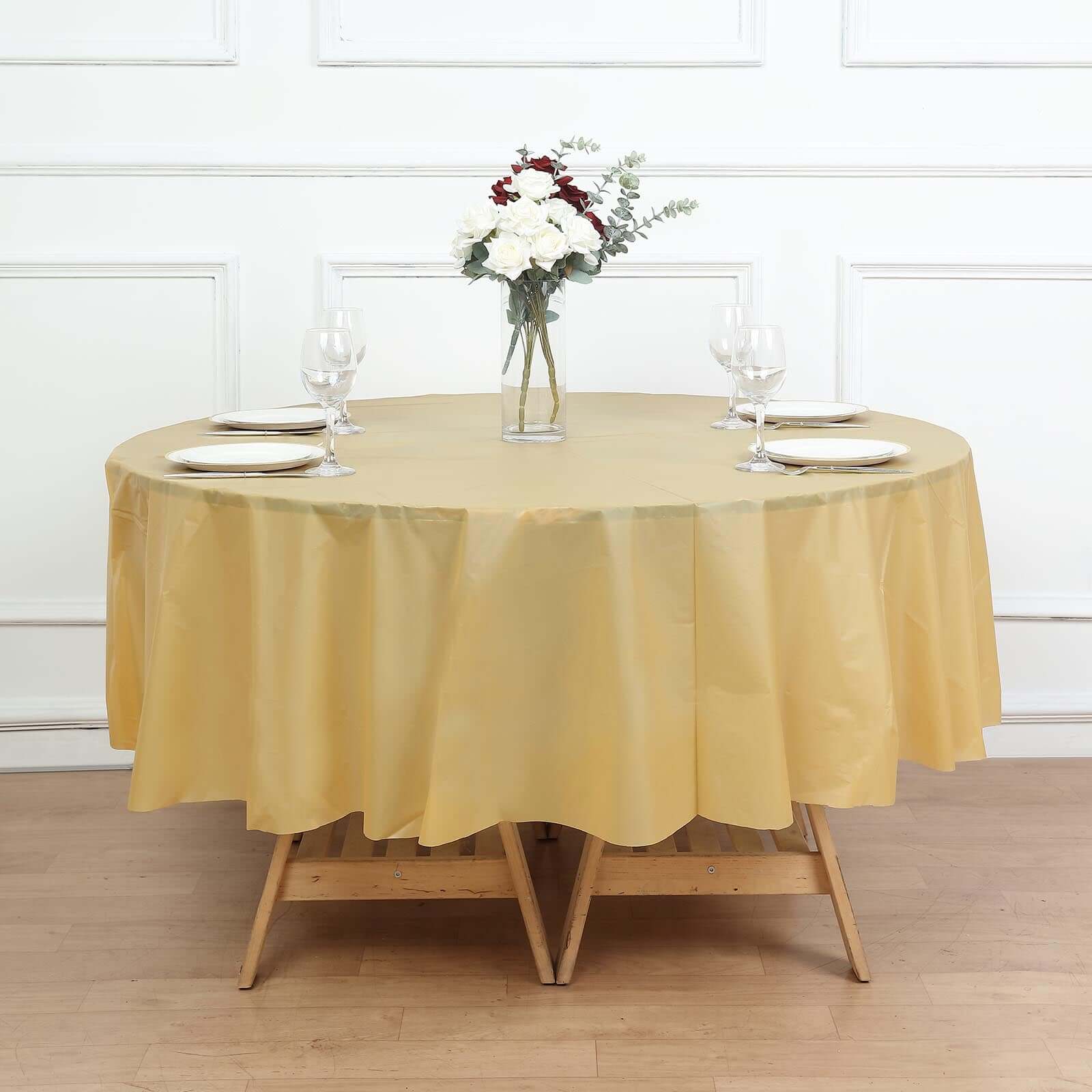 5-Pack Plastic Table Covers 84" Gold Round - PVC Waterproof Disposable Covers - Image 2