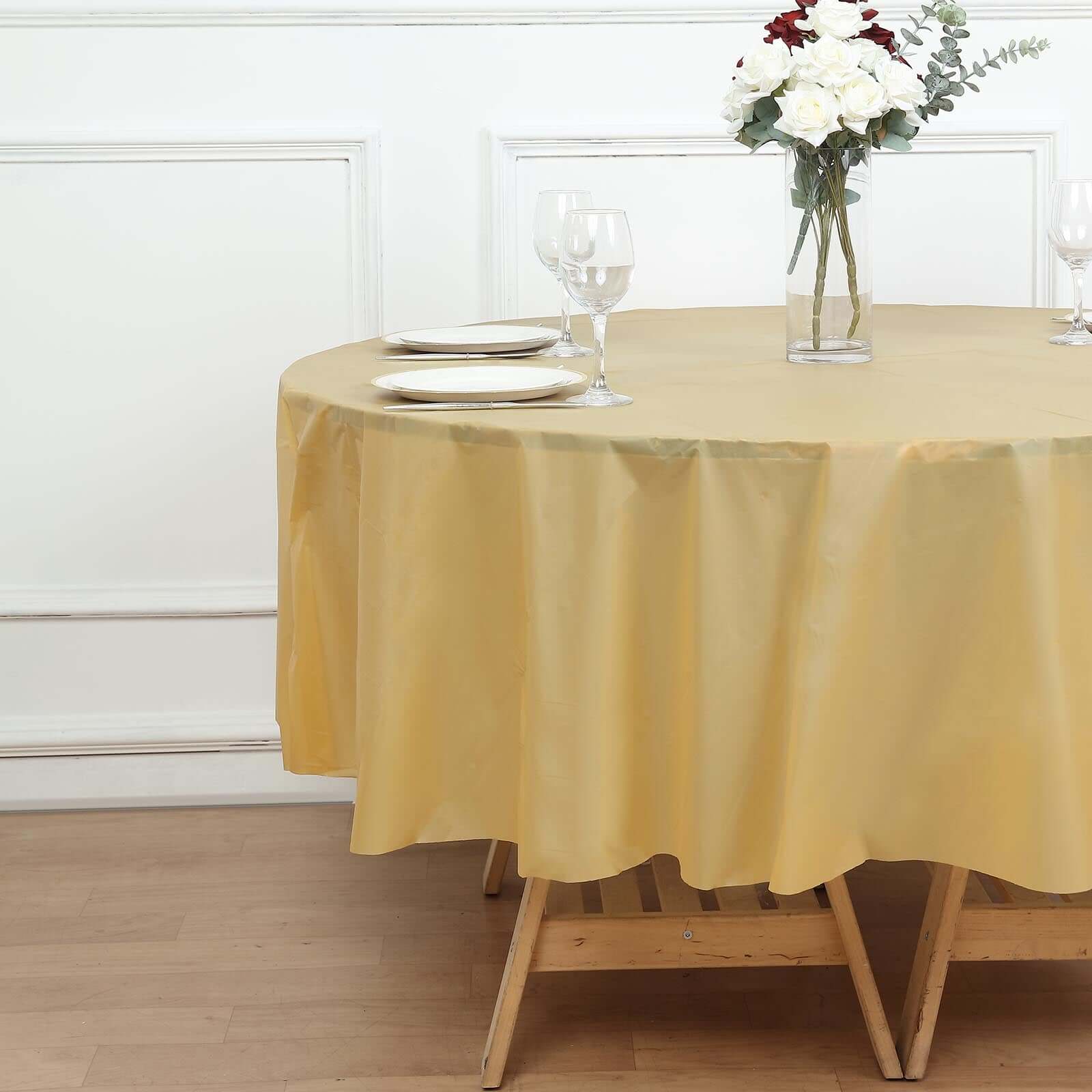 5-Pack Plastic Table Covers 84" Gold Round - PVC Waterproof Disposable Covers - Image 3
