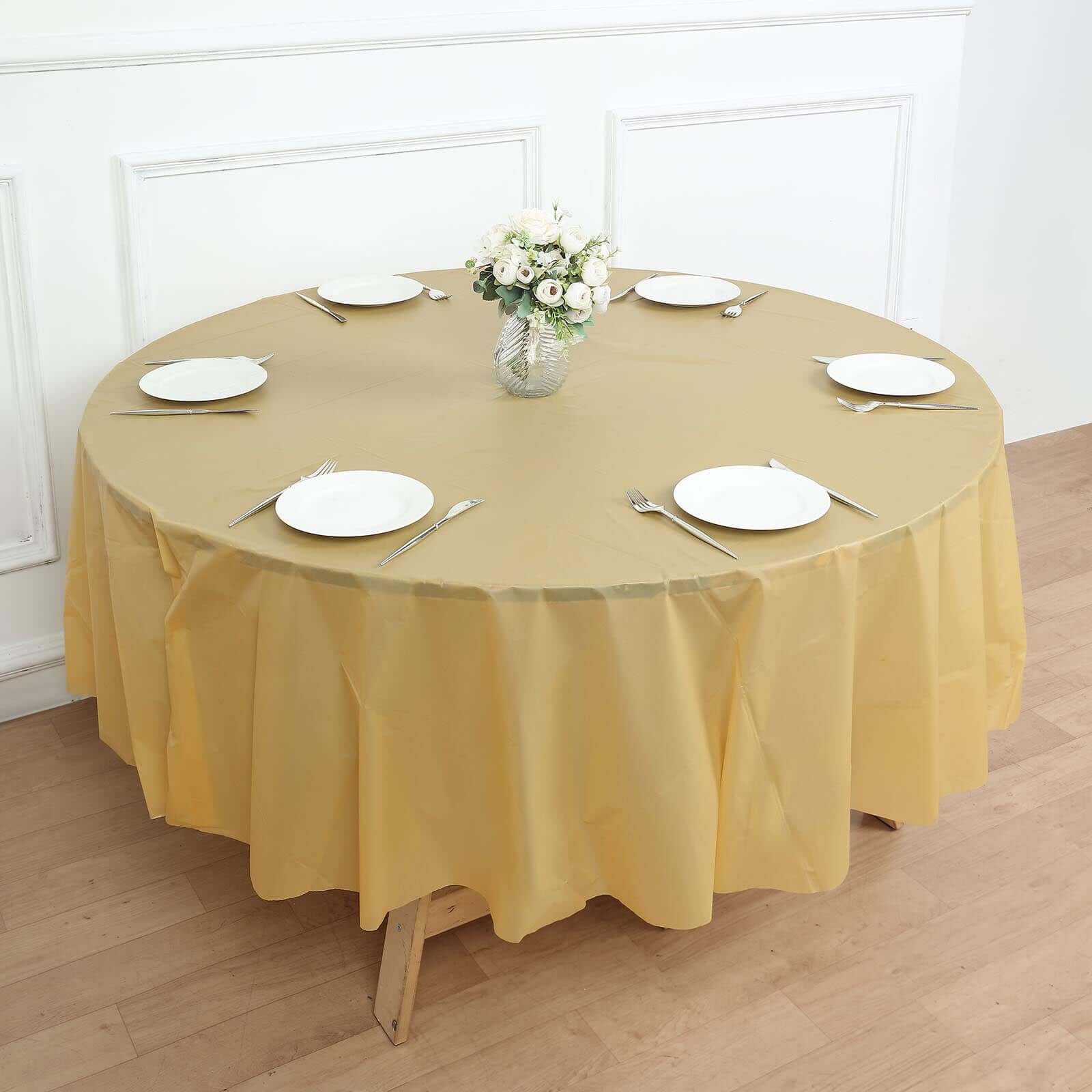5-Pack Plastic Table Covers 84" Gold Round - PVC Waterproof Disposable Covers - Image 7