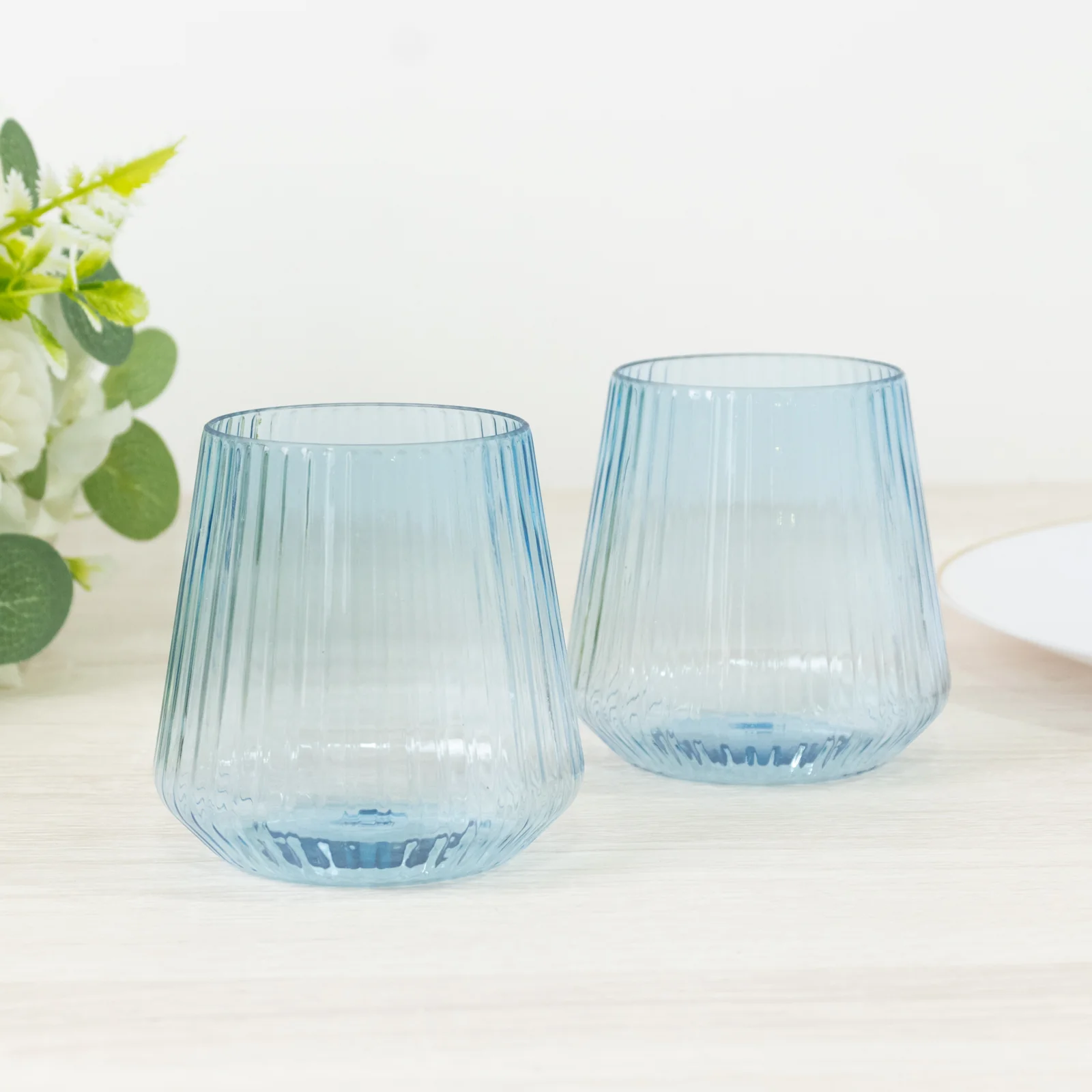 12-Pack Plastic Stemless Wine Glasses – 12oz Transparent Dusty Blue Ribbed Design, Reusable Shatterproof Cocktail Tumblers - Image 4