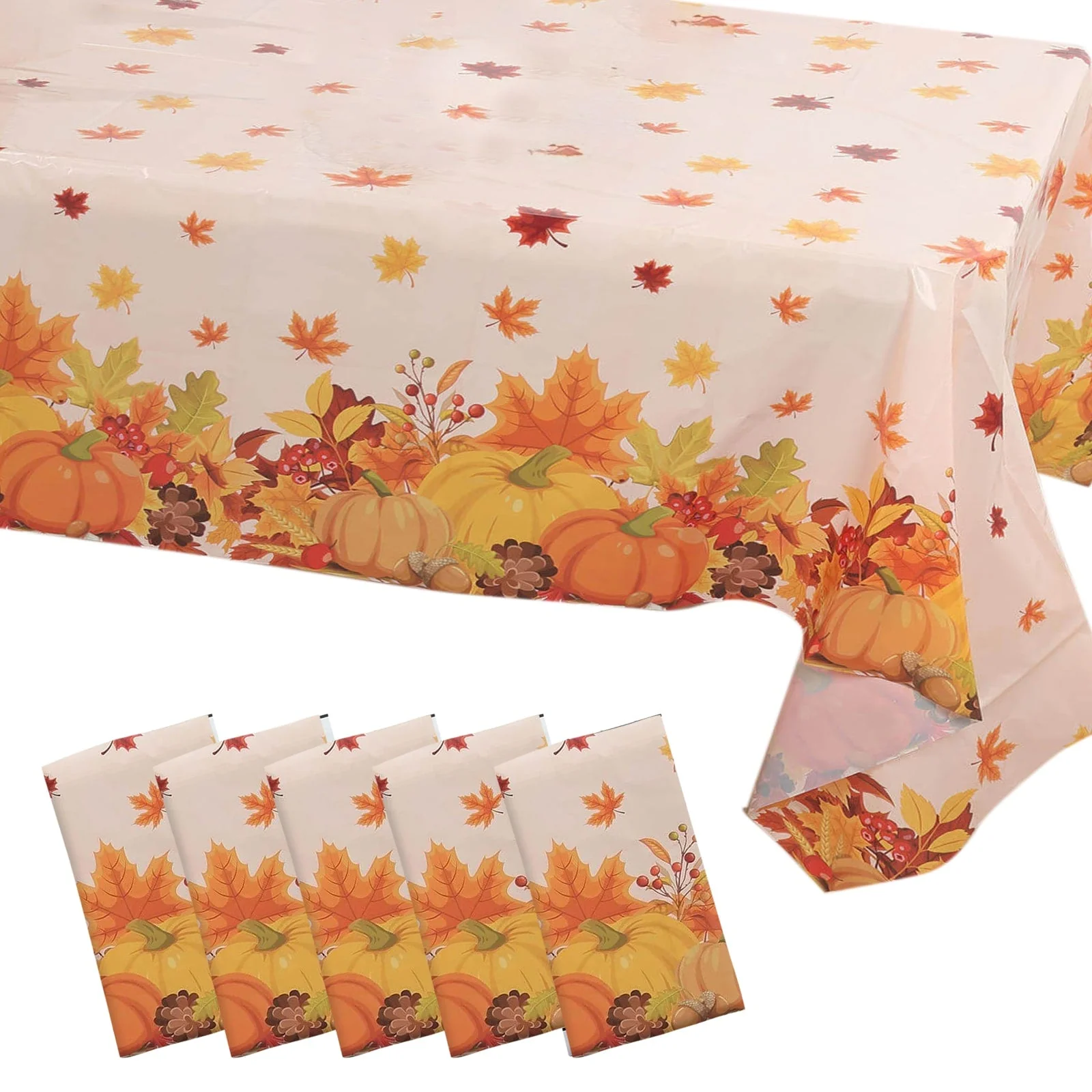 5-Pack Plastic Tablecloths 54"x108" Orange Thanksgiving Rectangle with Fall Leaves Pumpkin Print - PVC Waterproof Disposable Covers - Image 3