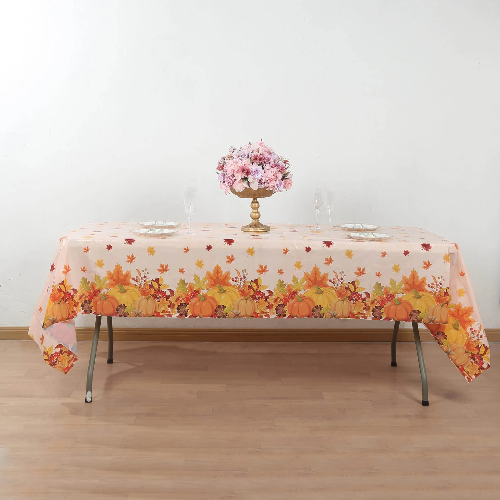 5-Pack Plastic Tablecloths 54"x108" Orange Thanksgiving Rectangle with Fall Leaves Pumpkin Print - PVC Waterproof Disposable Covers - Image 5