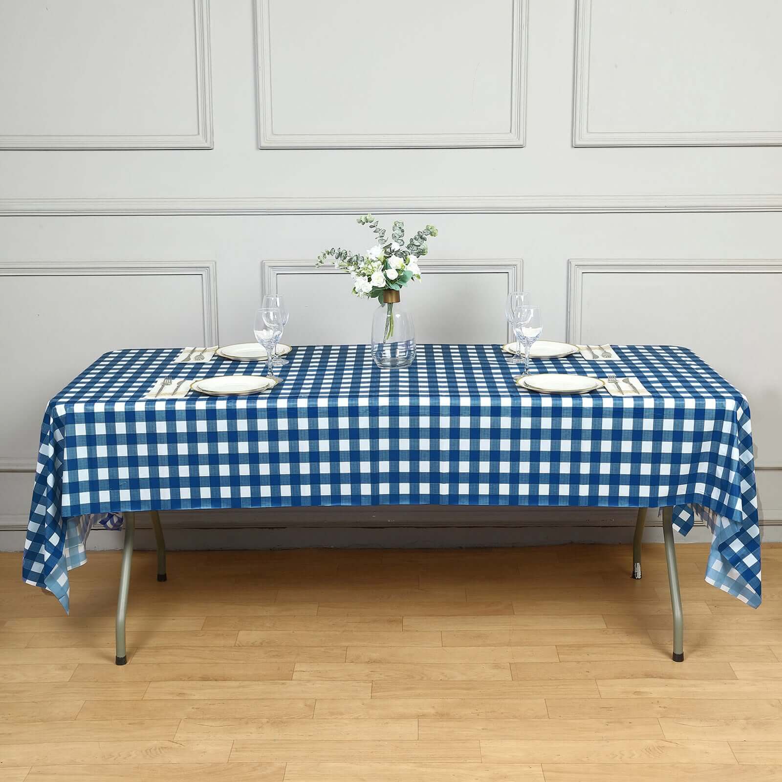 5-Pack Plastic Table Covers 54"x108" Navy Blue Checkered Rectangle - PVC Waterproof Disposable Tablecloths - Image 2