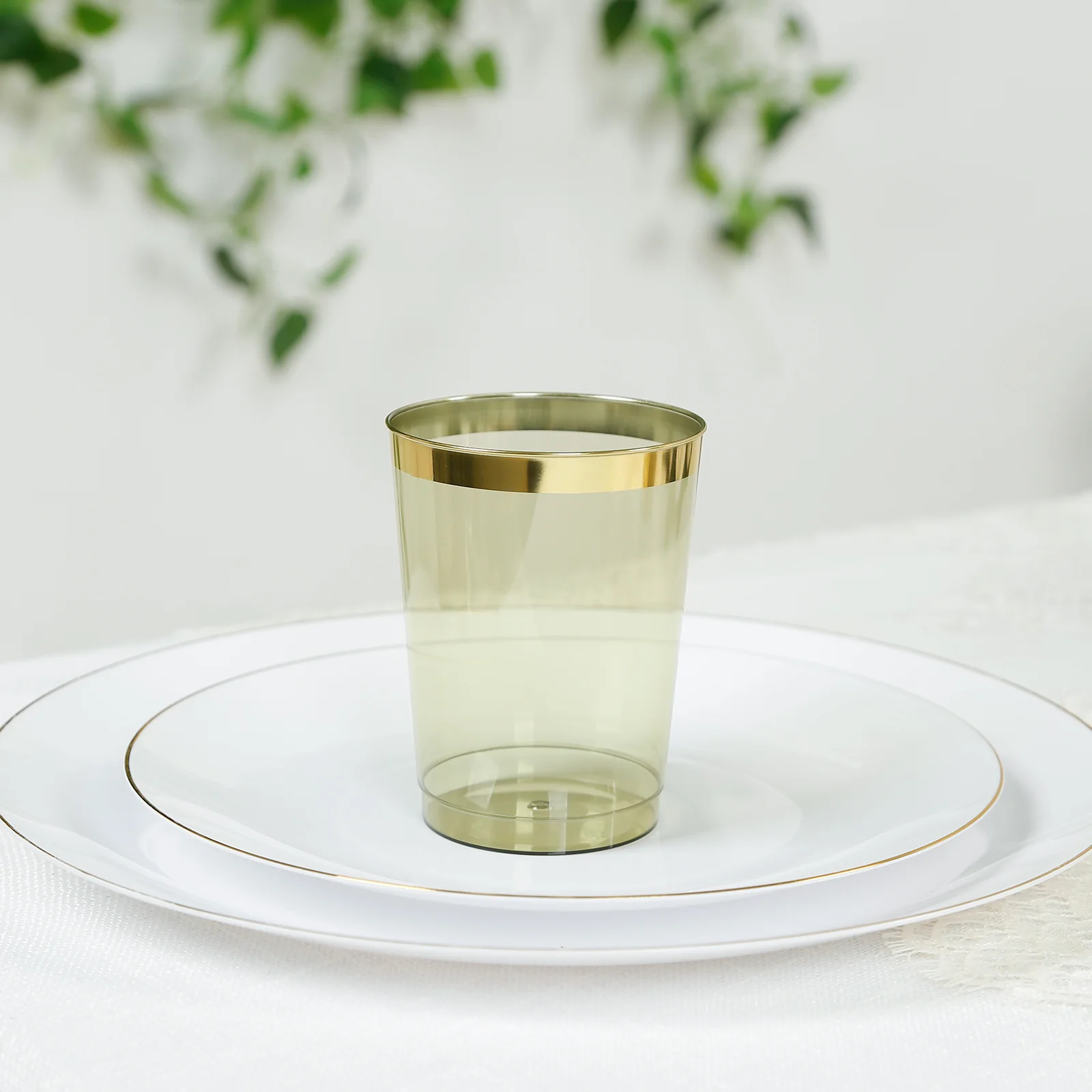 25-Pack Plastic Tumbler Cups 10oz Transparent Dusty Sage Green with Gold Rim - Disposable Crystal Drinking Glasses for Parties