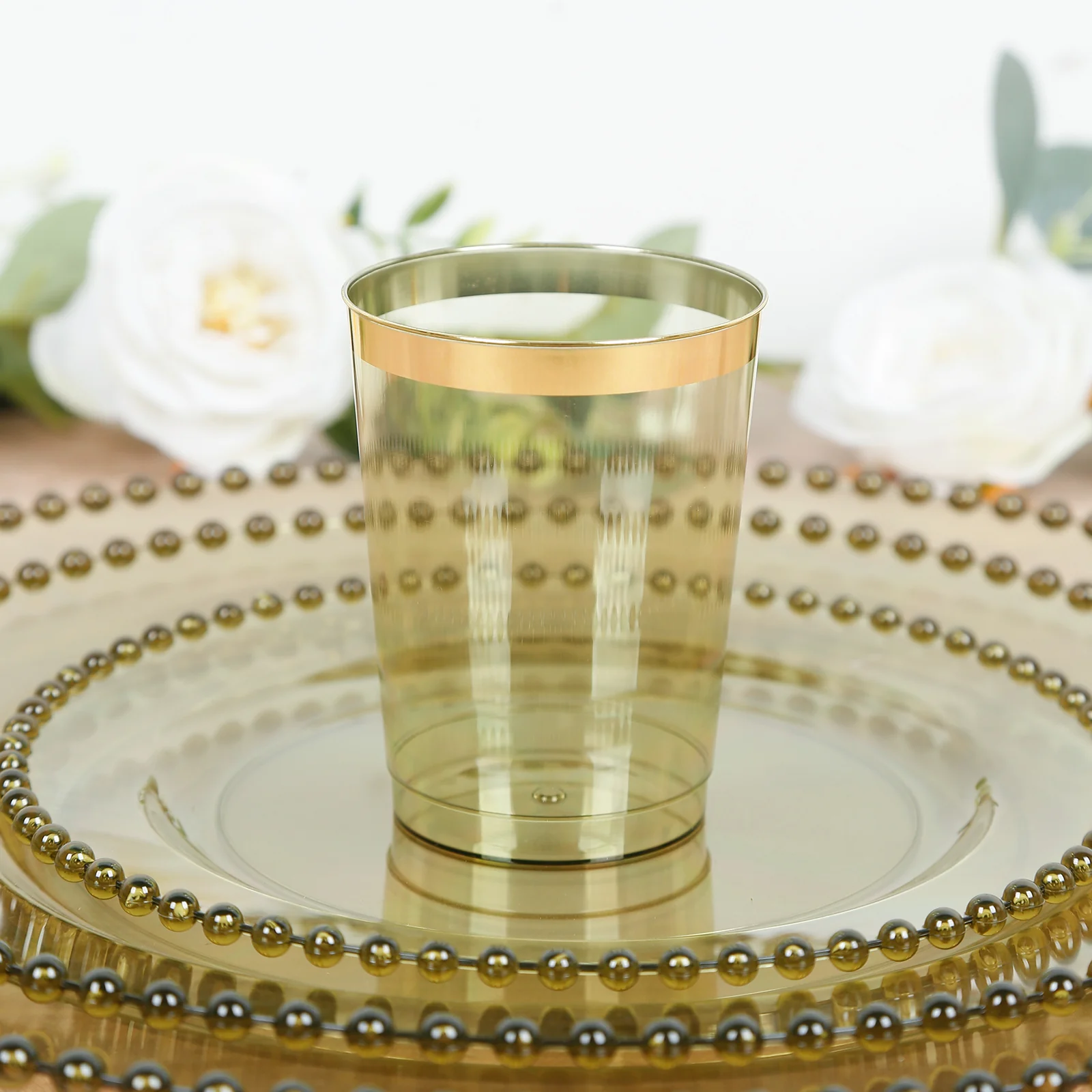 25-Pack Plastic Tumbler Cups 10oz Transparent Dusty Sage Green with Gold Rim - Disposable Crystal Drinking Glasses for Parties - Image 7