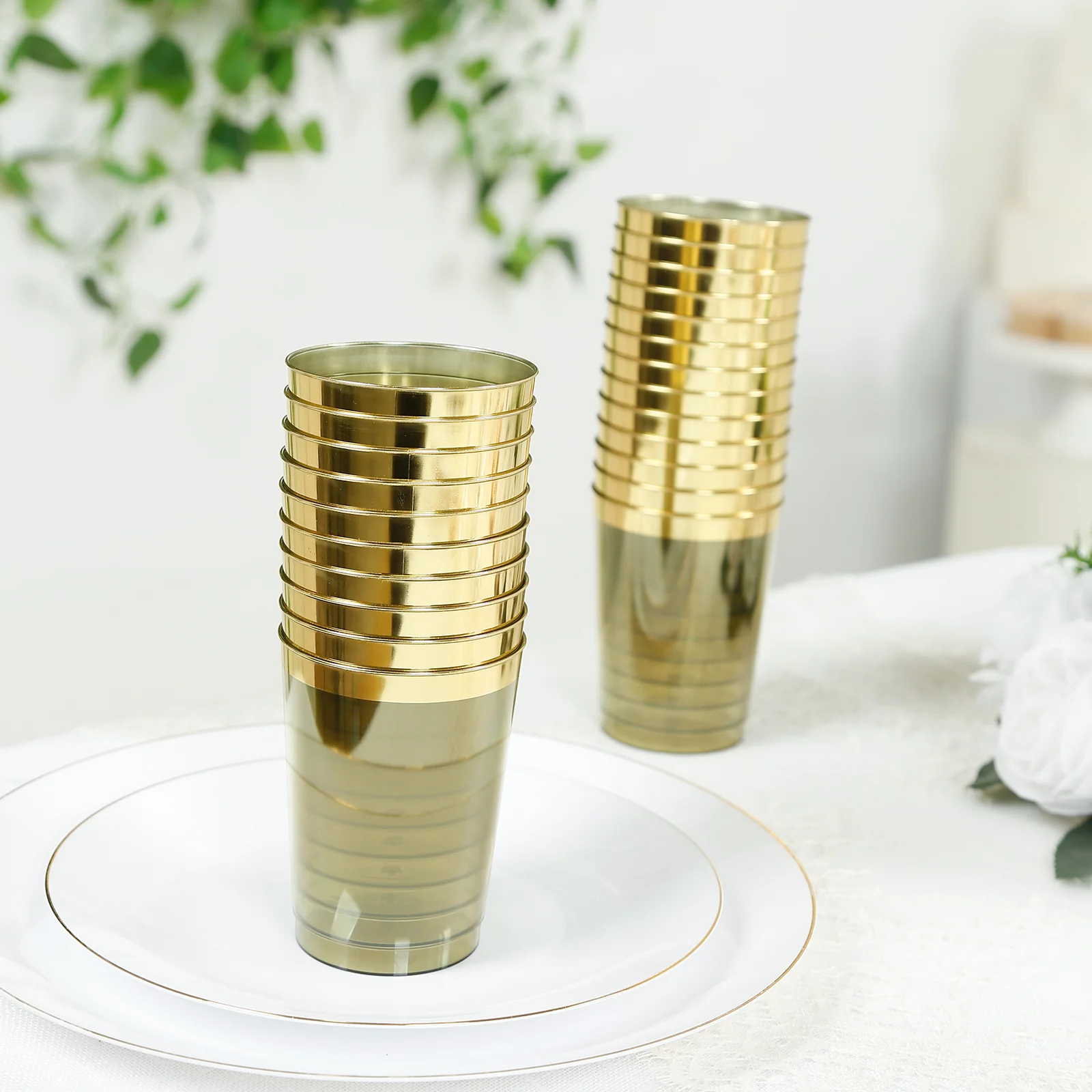 25-Pack Plastic Tumbler Cups 10oz Transparent Dusty Sage Green with Gold Rim - Disposable Crystal Drinking Glasses for Parties - Image 8