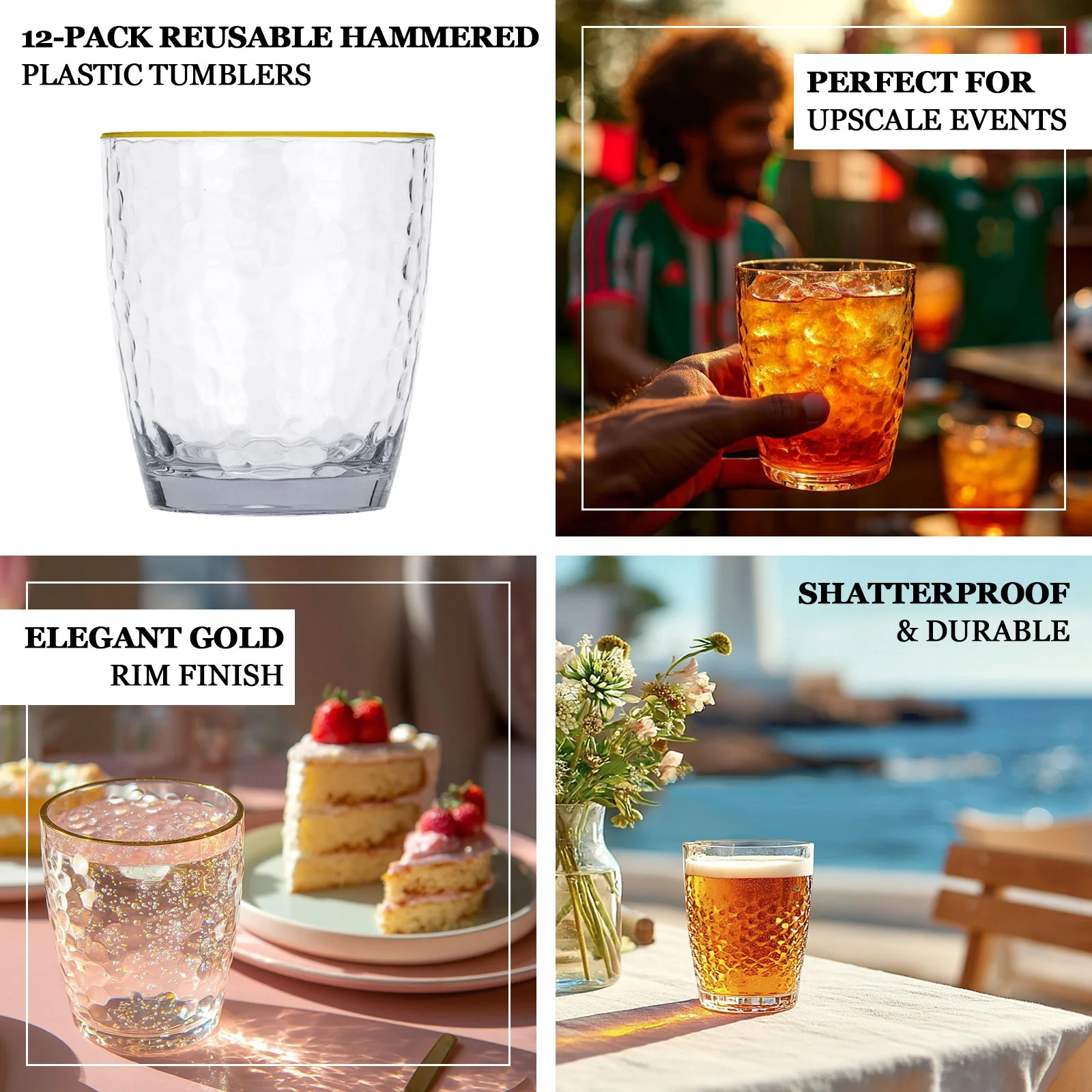 12-Pack Plastic Tumblers 14oz Shatterproof Reusable Hammered Cups – Clear with Gold Rim – Cocktail Drinkware - Image 3