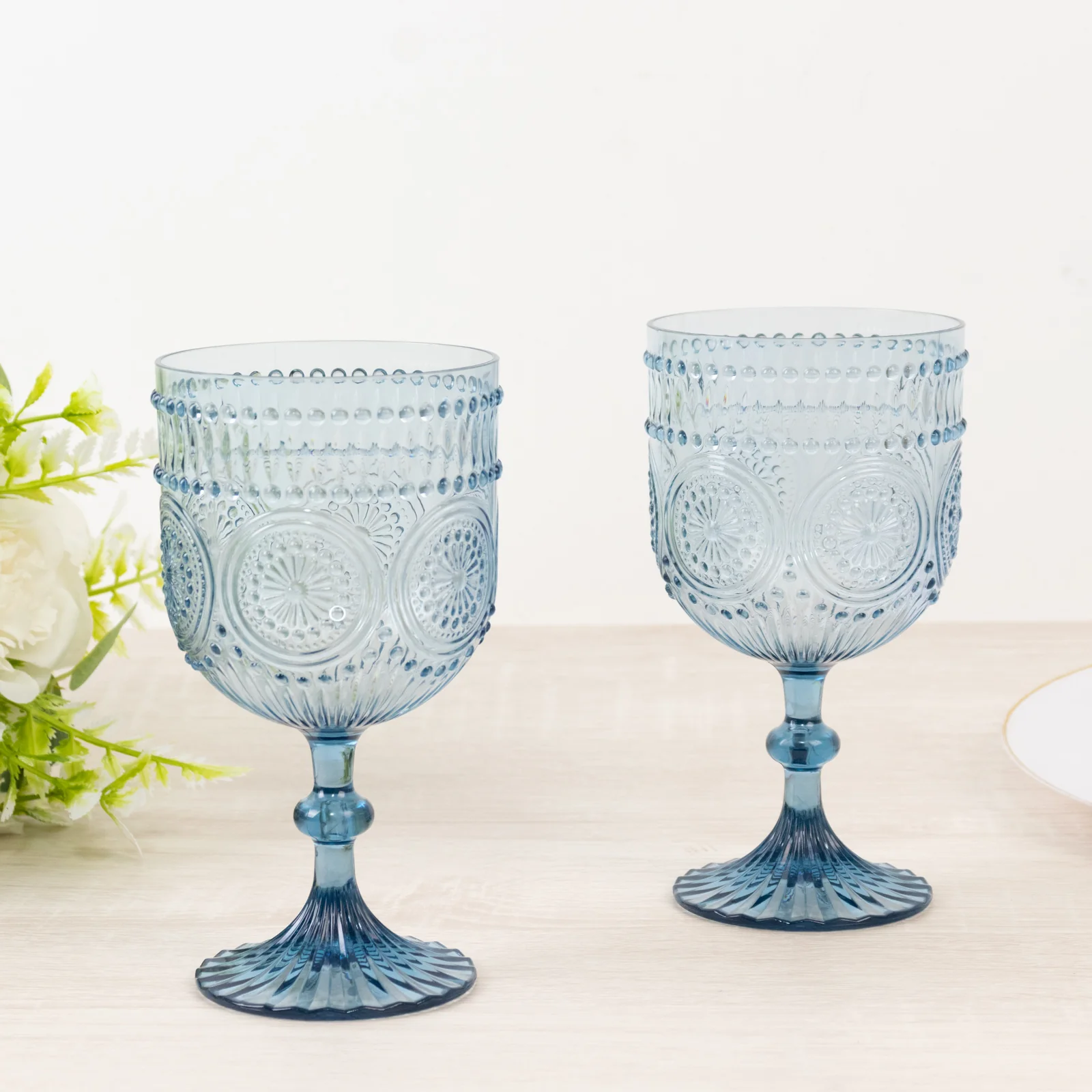 12 Pack Plastic Wine Goblets, 15oz Reusable Shatterproof Dusty Blue Vintage Drinkware – Embossed Floral Pattern Decorative Cups - Image 8