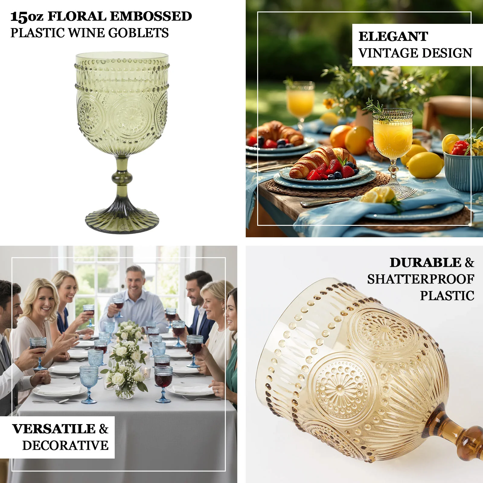 12 Pack Plastic Wine Goblets, 15oz Reusable Shatterproof Dusty Sage Green Vintage Drinkware – Embossed Floral Pattern Decorative Cups - Image 4