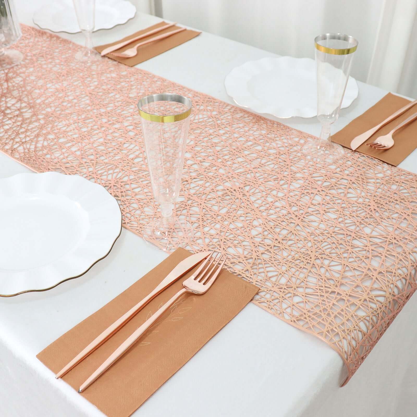 Plastic Woven Vinyl Table Runner 13"x6ft Metallic Rose Gold - Non-Slip & Reversible Table Decor - Image 2