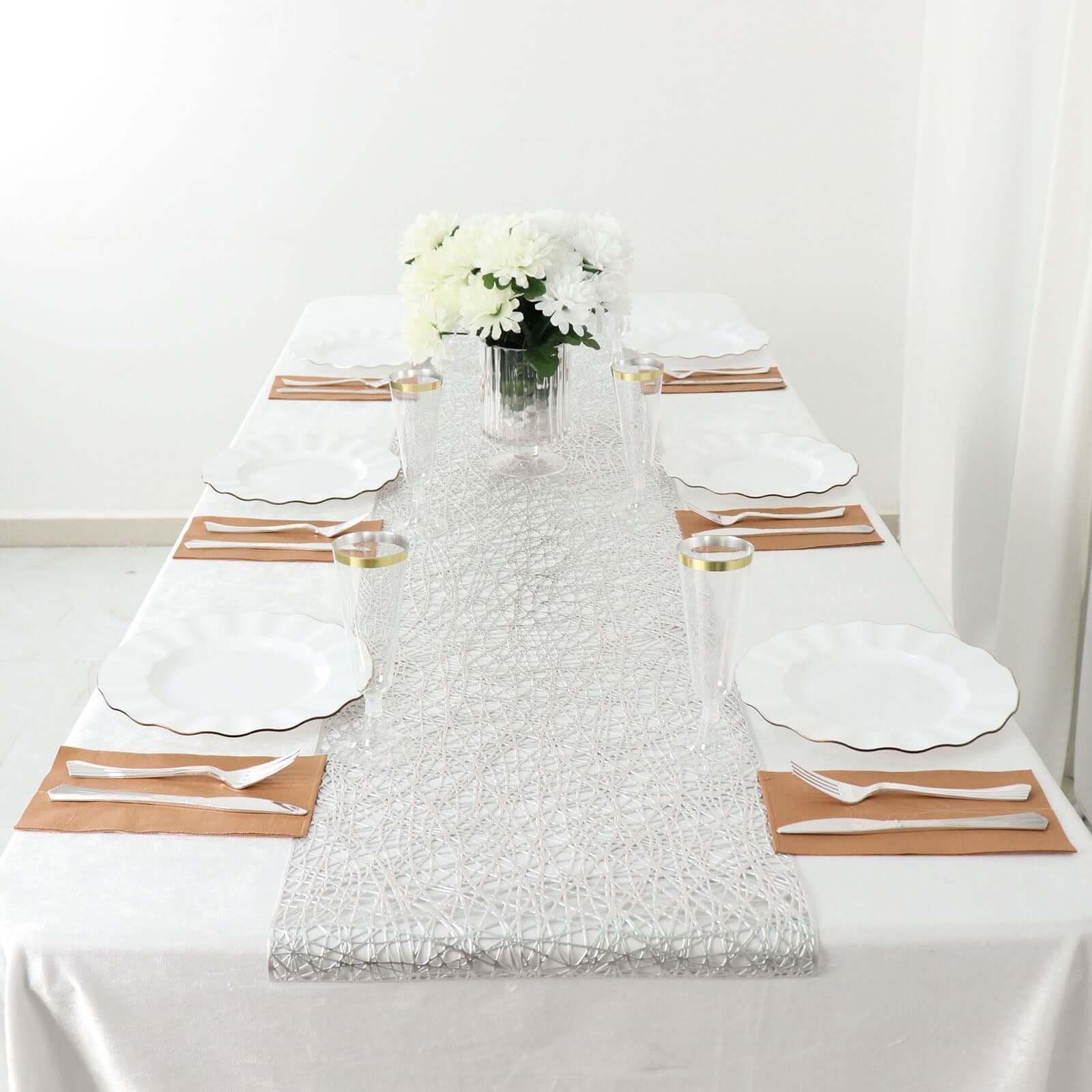 Plastic Woven Vinyl Table Runner 13"x6ft Metallic Silver - Non-Slip & Reversible Table Decor - Image 2