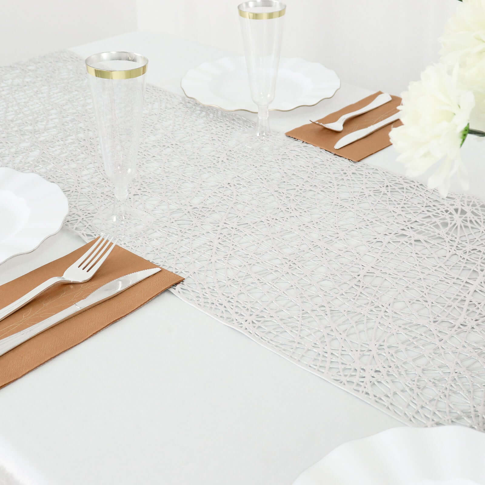 Plastic Woven Vinyl Table Runner 13"x6ft Metallic Silver - Non-Slip & Reversible Table Decor - Image 9