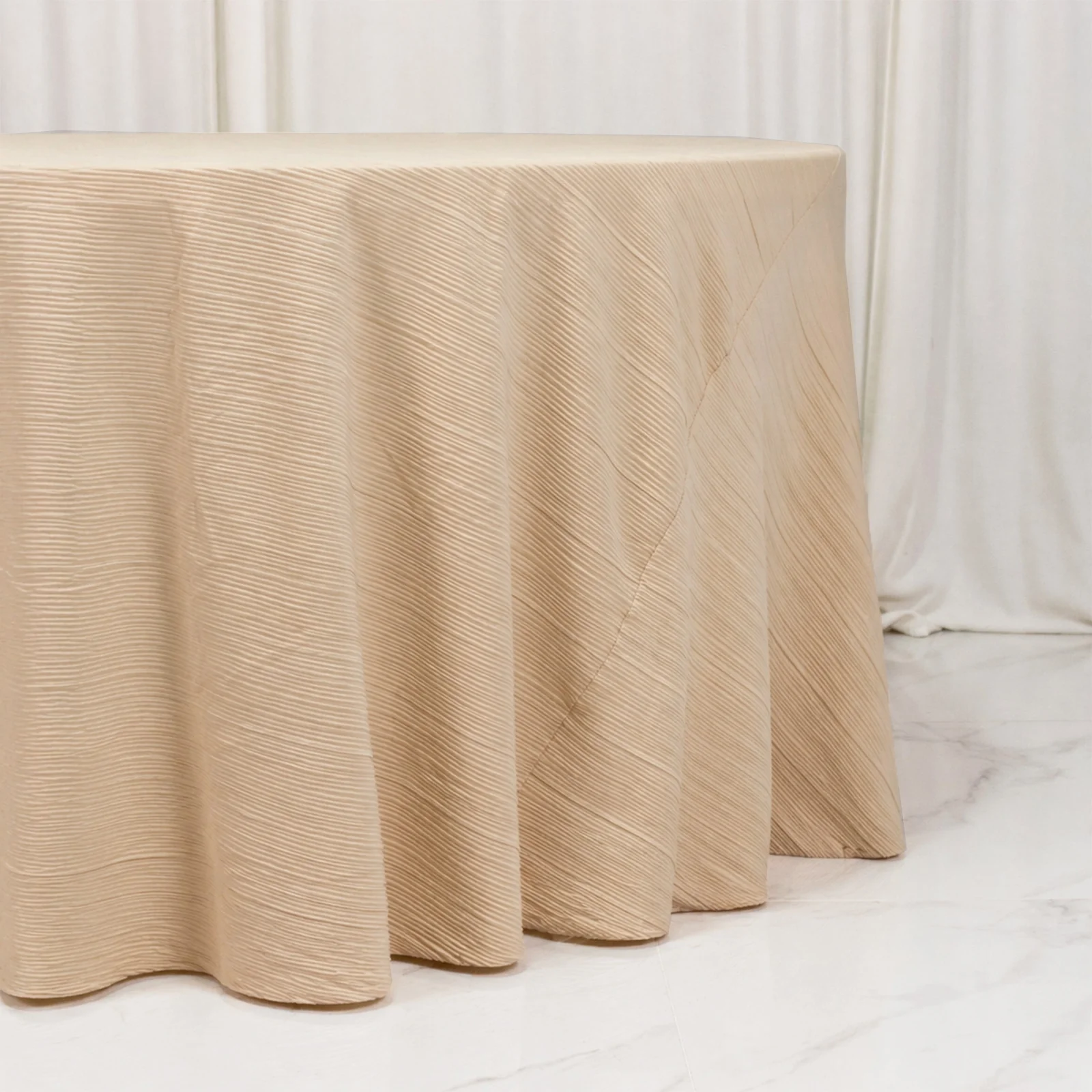 Scuba Tablecloth 120" Round Beige Accordion Pleated – Wrinkle Free & Stain Resistant Textured Table Linen - Image 3