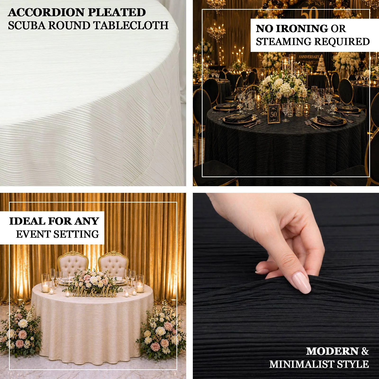 Scuba Tablecloth 120" Round Ivory Accordion Pleated – Wrinkle Free & Stain Resistant Textured Table Linen - Image 4