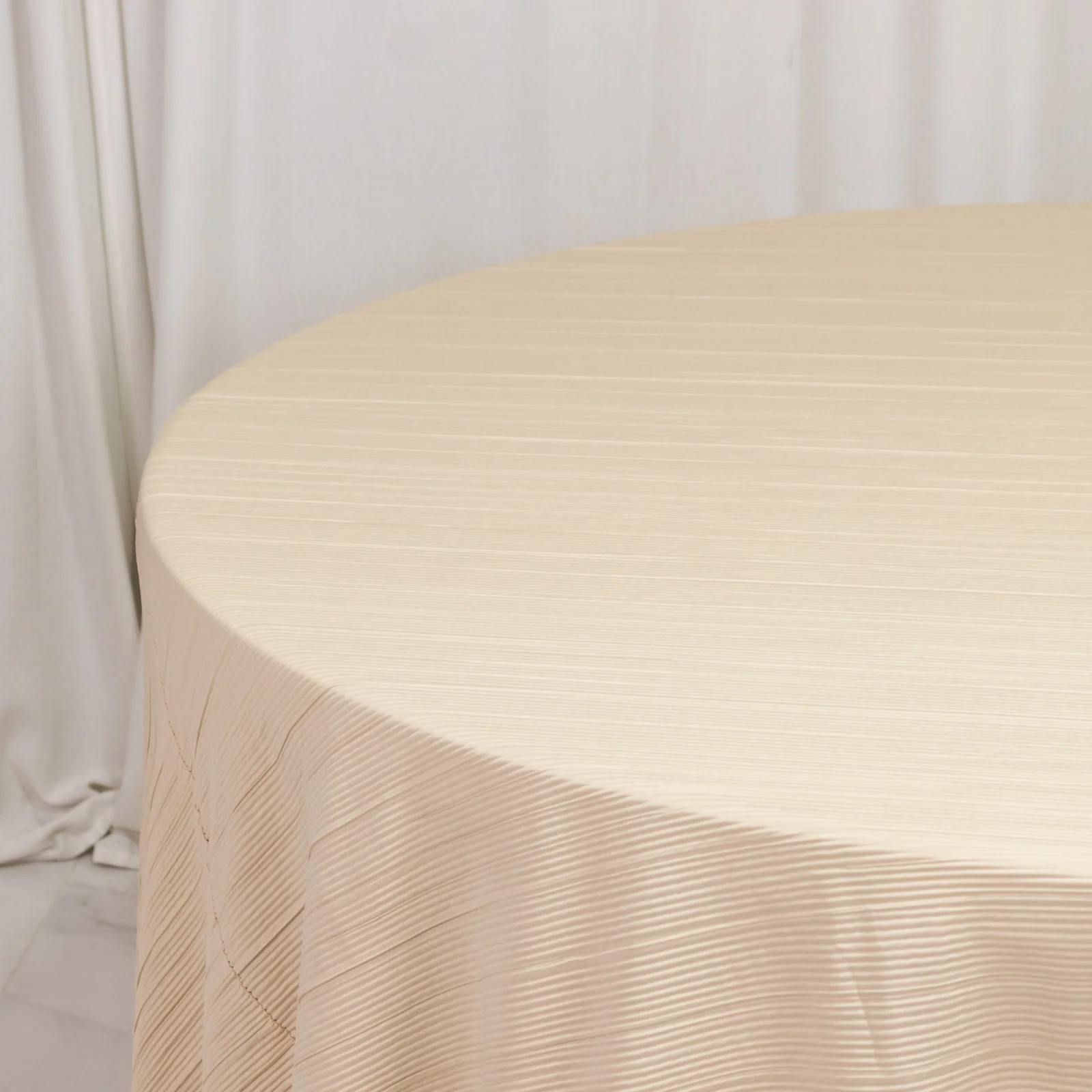 Scuba Tablecloth 120" Round Beige Accordion Pleated – Wrinkle Free & Stain Resistant Textured Table Linen - Image 6