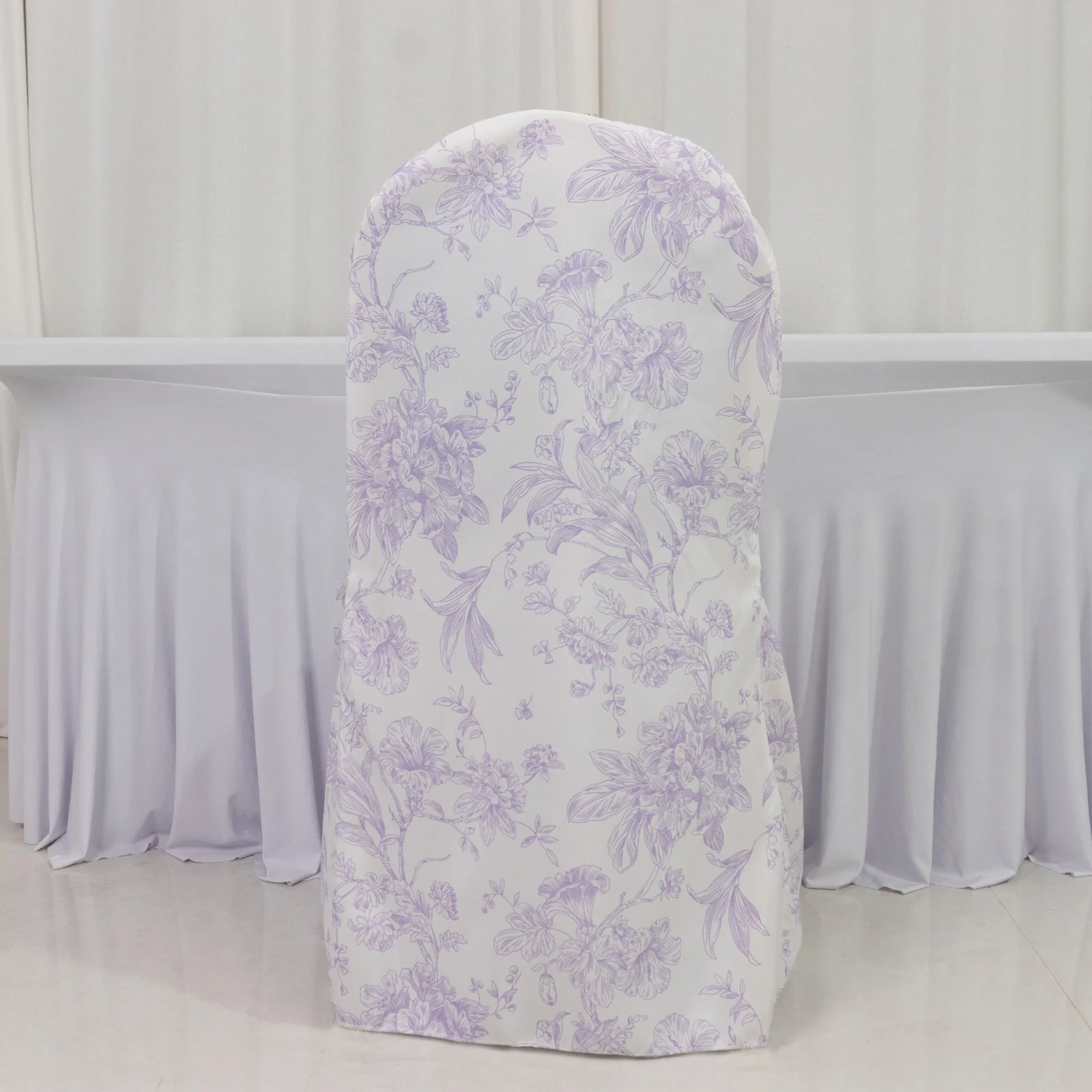 10 Pack Polyester Banquet Chair Covers – White Lavender Lilac French Toile Pattern, Reusable Stain-Resistant Slip-On Slipcovers - Image 4