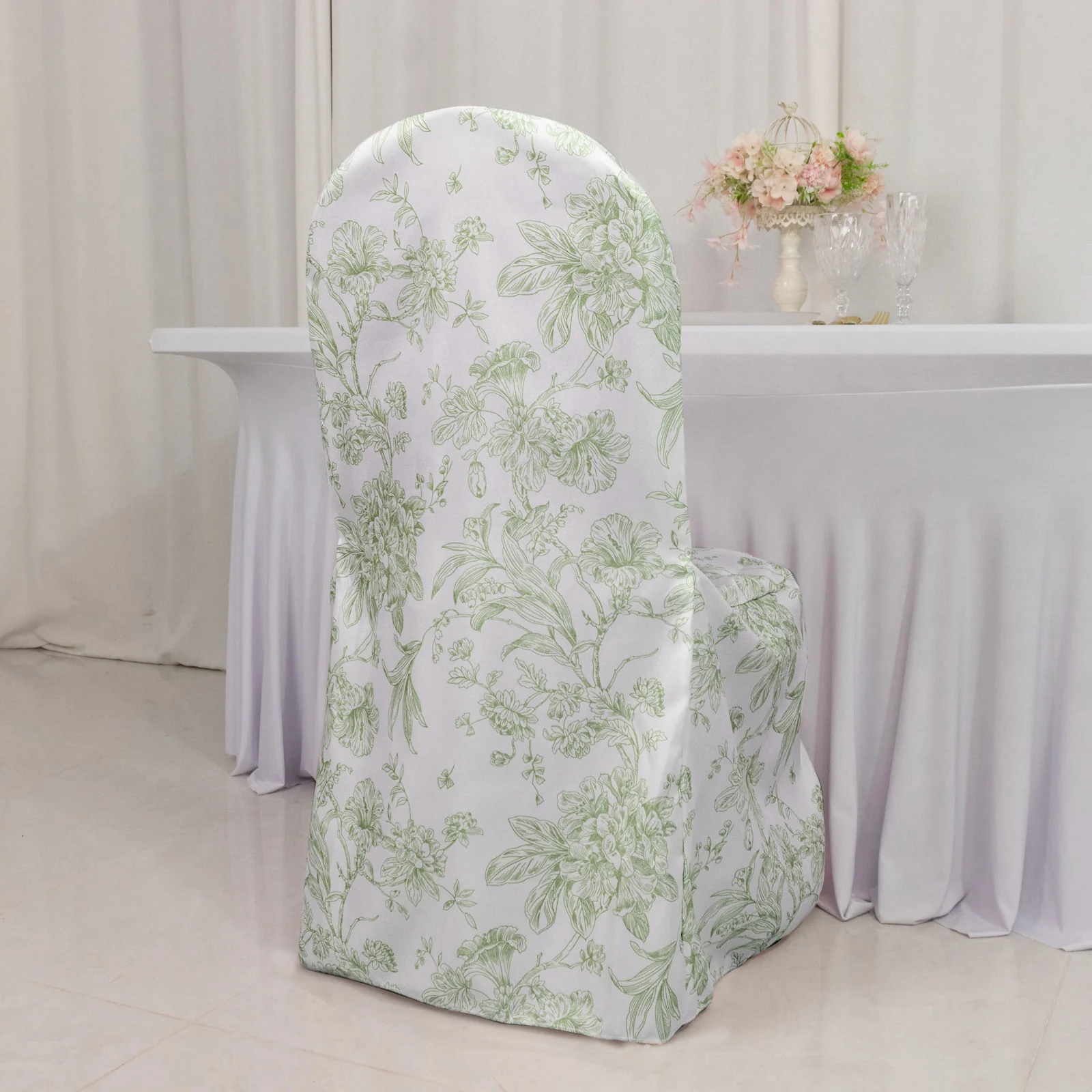 10 Pack Polyester Banquet Chair Covers – White Dusty Sage Green French Toile Pattern, Reusable Stain-Resistant Slip-On Slipcovers - Image 4