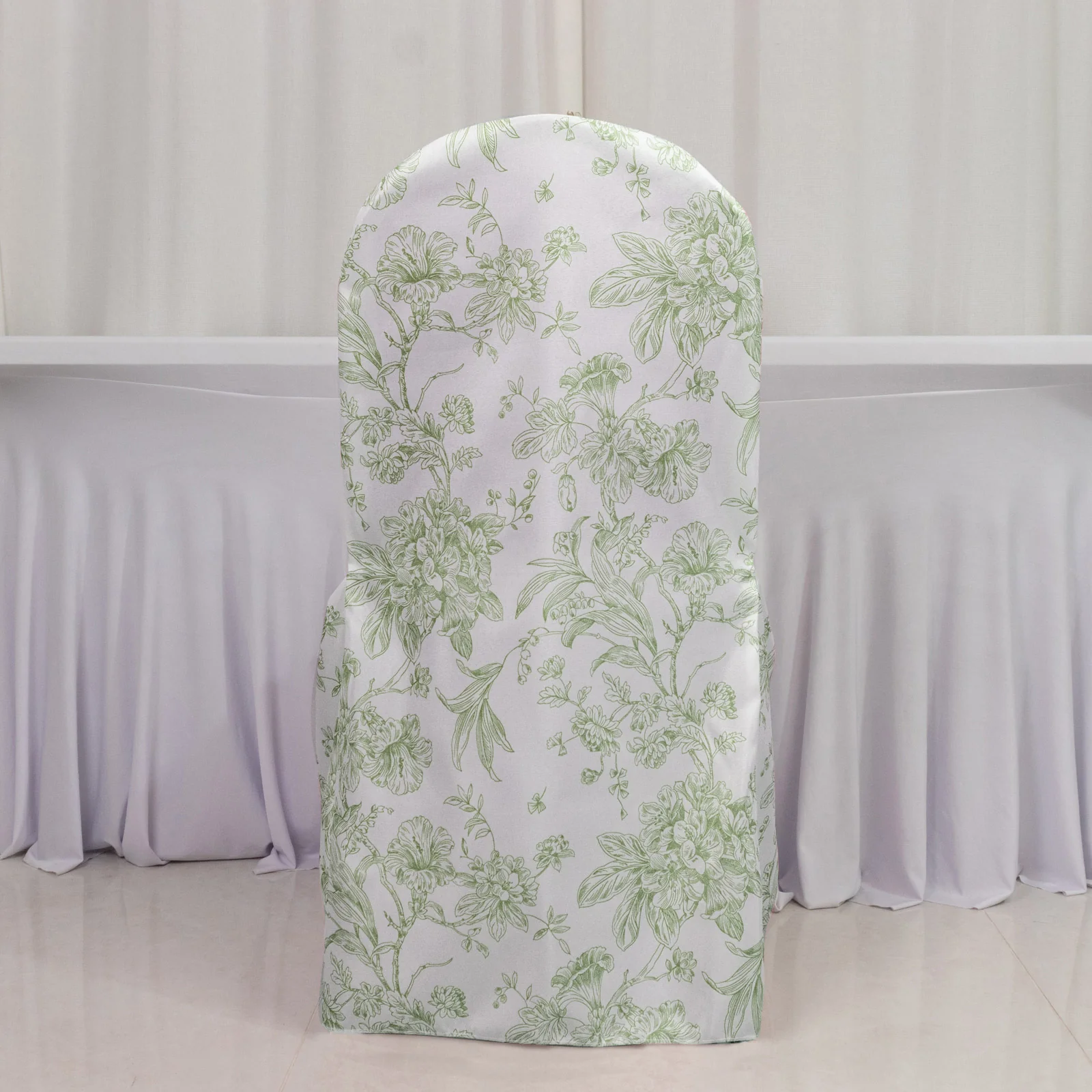 10 Pack Polyester Banquet Chair Covers – White Dusty Sage Green French Toile Pattern, Reusable Stain-Resistant Slip-On Slipcovers - Image 5