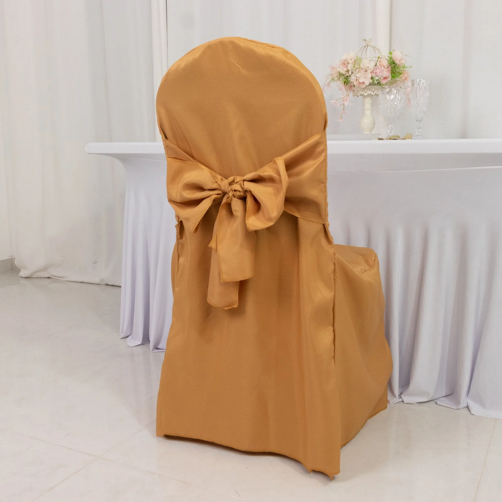10-Pack Polyester Banquet Chair Covers with Attached Sashes – Gold Reusable Stain-Resistant Slip-On Covers for Wedding & Event Decor - Image 4