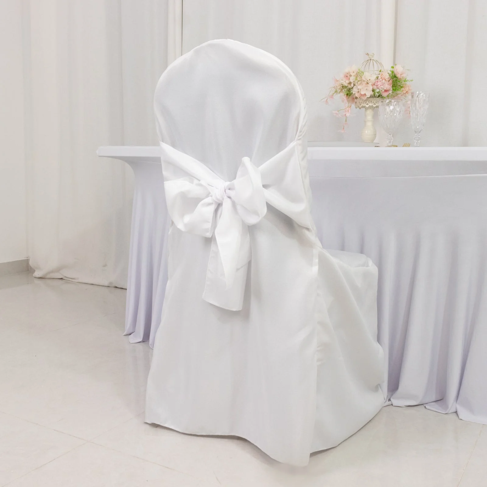 10-Pack Polyester Banquet Chair Covers with Attached Sashes – White Reusable Stain-Resistant Slip-On Covers for Wedding & Event Decor - Image 4
