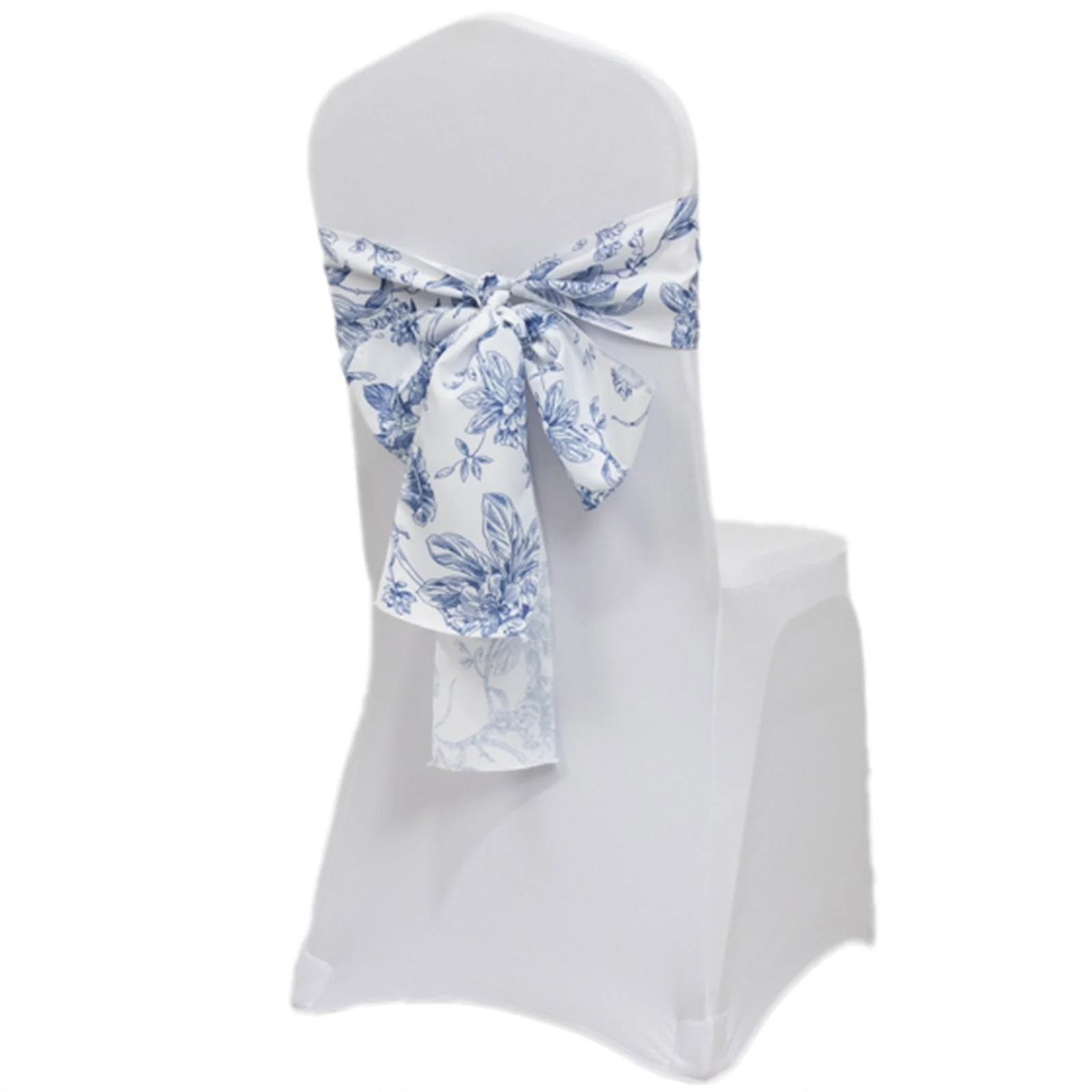 Polyester Chair Sashes 6"x108" White/Blue French Toile Floral Design - Durable & Reusable Chair Bows for Classy Event Styling - Image 3