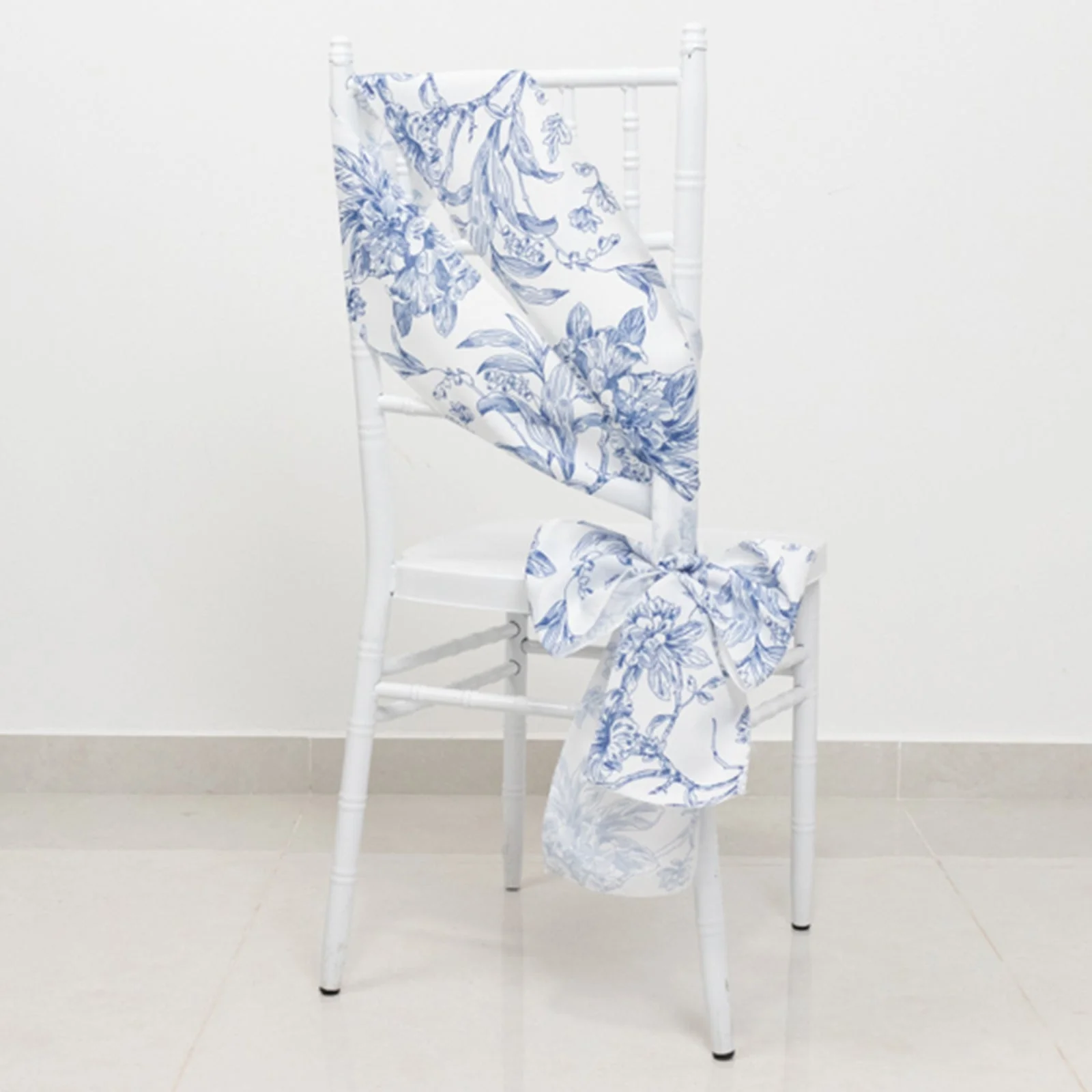 Polyester Chair Sashes 6"x108" White/Blue French Toile Floral Design - Durable & Reusable Chair Bows for Classy Event Styling - Image 4