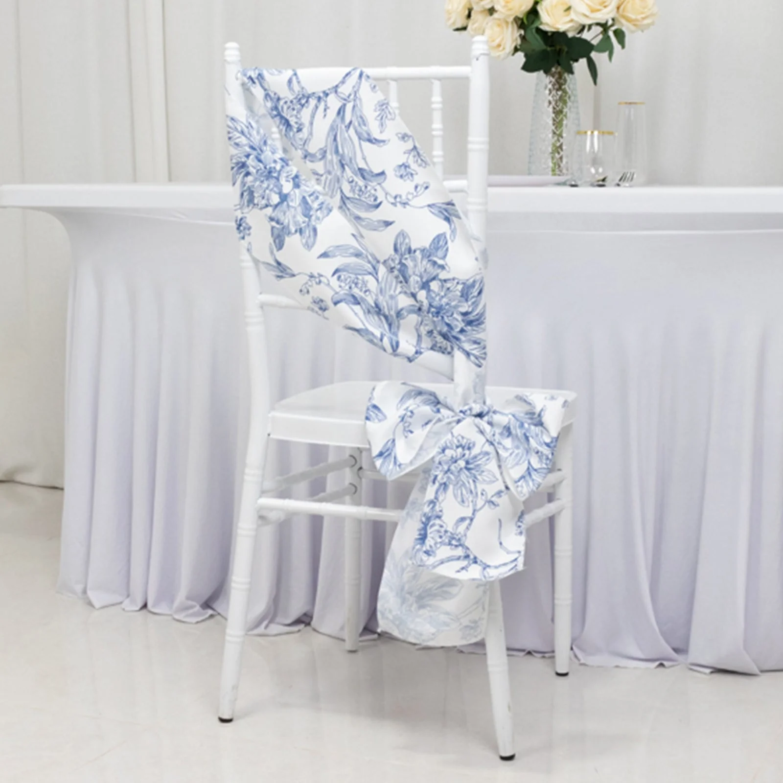 Polyester Chair Sashes 6"x108" White/Blue French Toile Floral Design - Durable & Reusable Chair Bows for Classy Event Styling - Image 5