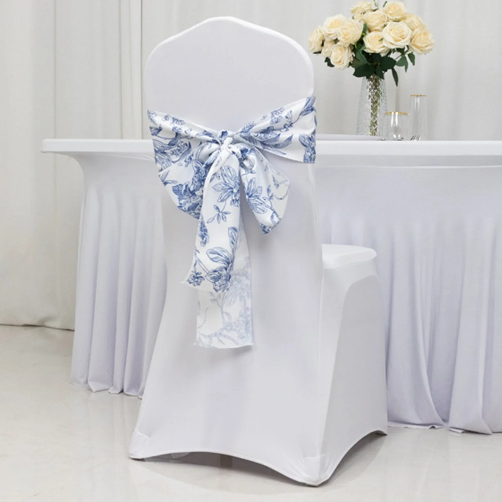 Polyester Chair Sashes 6"x108" White/Blue French Toile Floral Design - Durable & Reusable Chair Bows for Classy Event Styling - Image 7