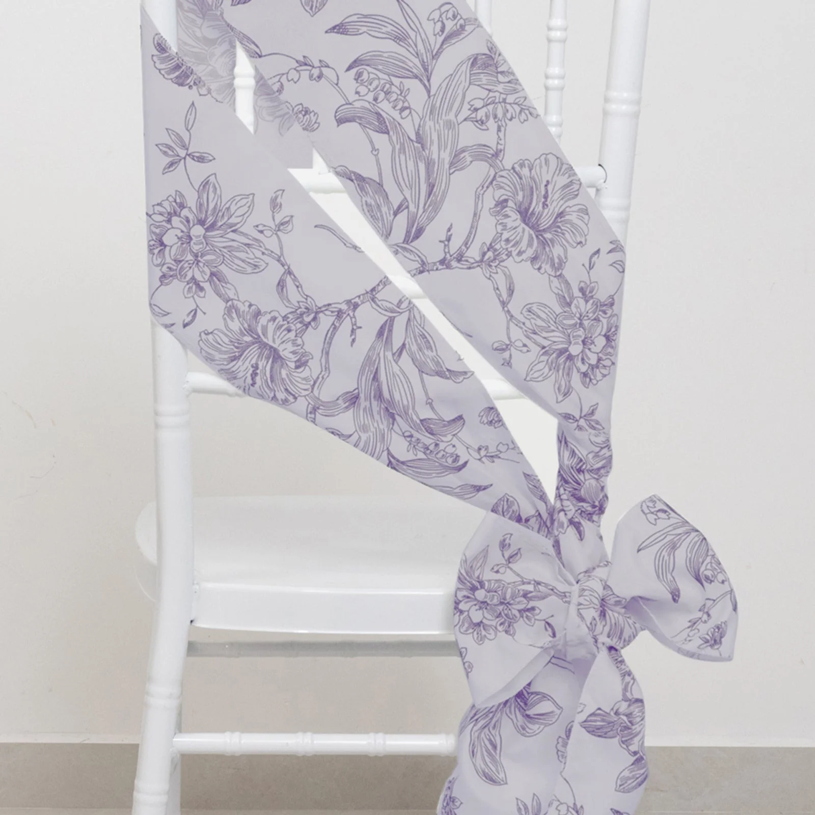 Polyester Chair Sashes 6"x108" White Lavender Lilac French Toile Floral Design - Durable & Reusable Chair Bows for Classy Event Styling - Image 2